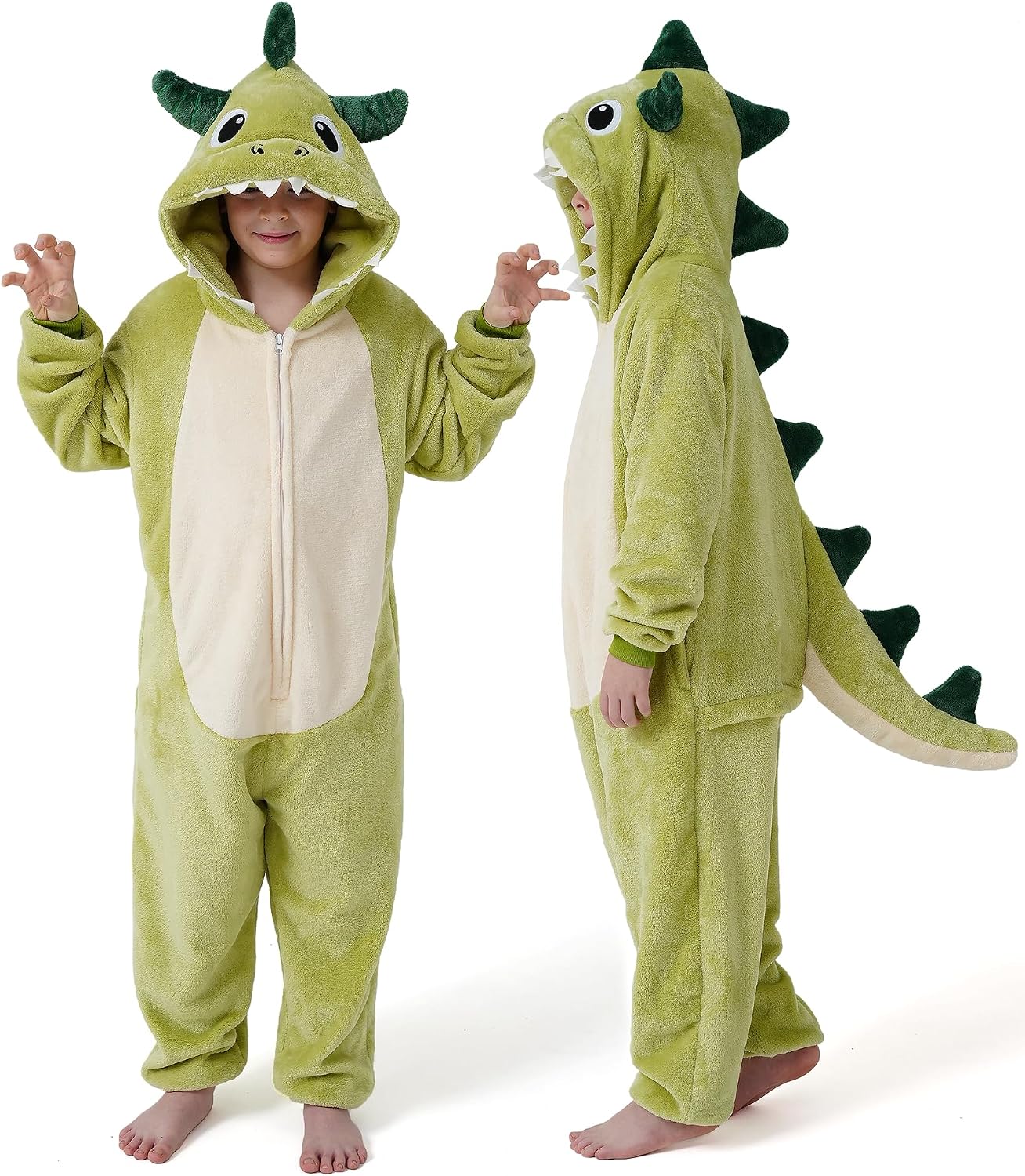 Detalle 2 de Dxilm Kids Dinosaur Onesie Costume, Flannel Pajamas with 3D Hood and Tail