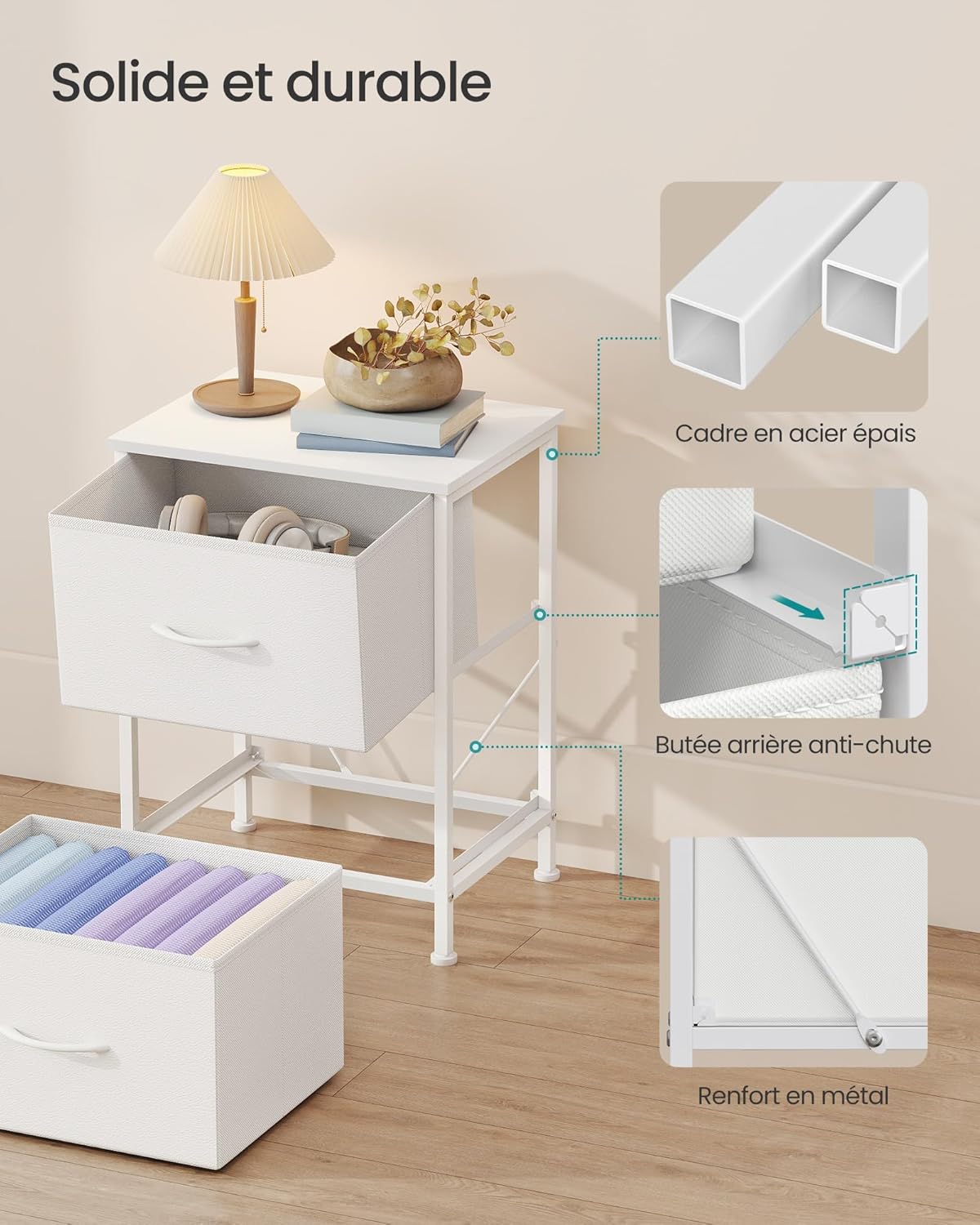 Detalle de SONGMICS BELLAH Collection - Table de Chevet avec 2 Tiroirs (LGS112WH01), cadre acier et plateau bois, blanc nuage / blanc neige