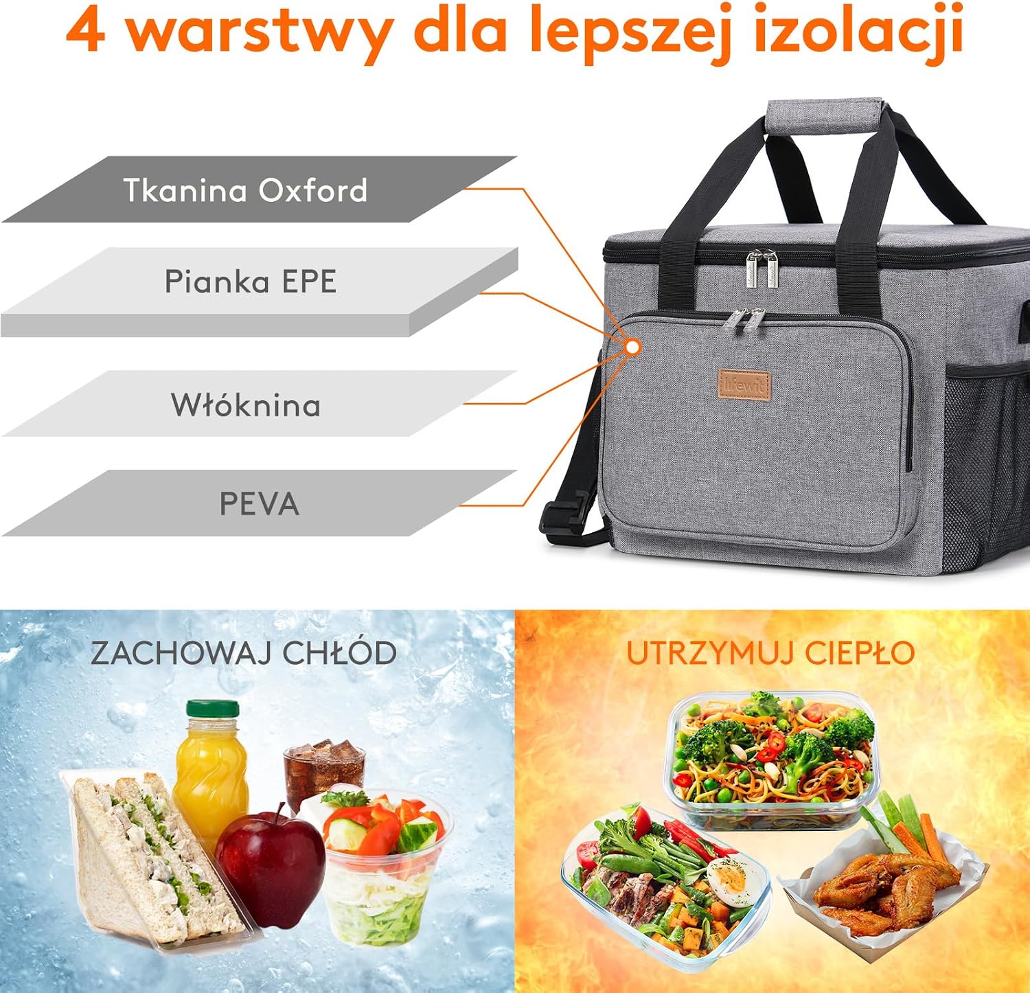 Detalle de Lifewit torba termiczna na lunch 24 l, szara, Oxford 600D i PEVA