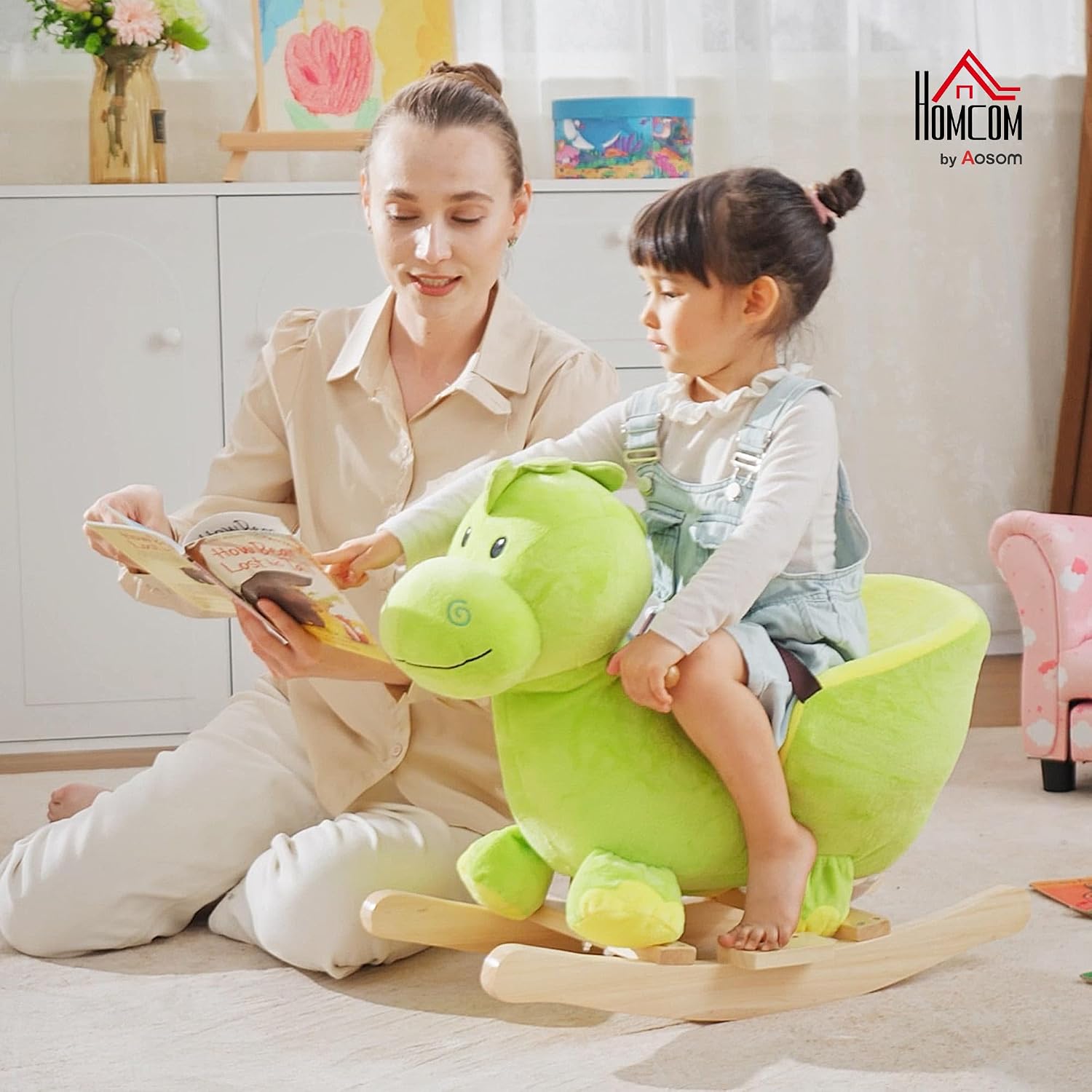 Detalle de HOMCOM 330-013 dinosaurus-hobbelpaard met veiligheidsgordel en 32 liedjes