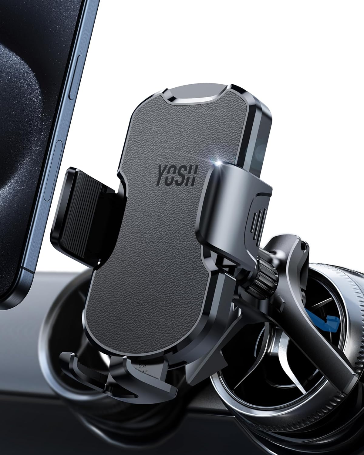 Detalle de YOSH Supporto Auto per Bocchette TONDE: Stabilità e Design in Pelle per Smartphone in Auto