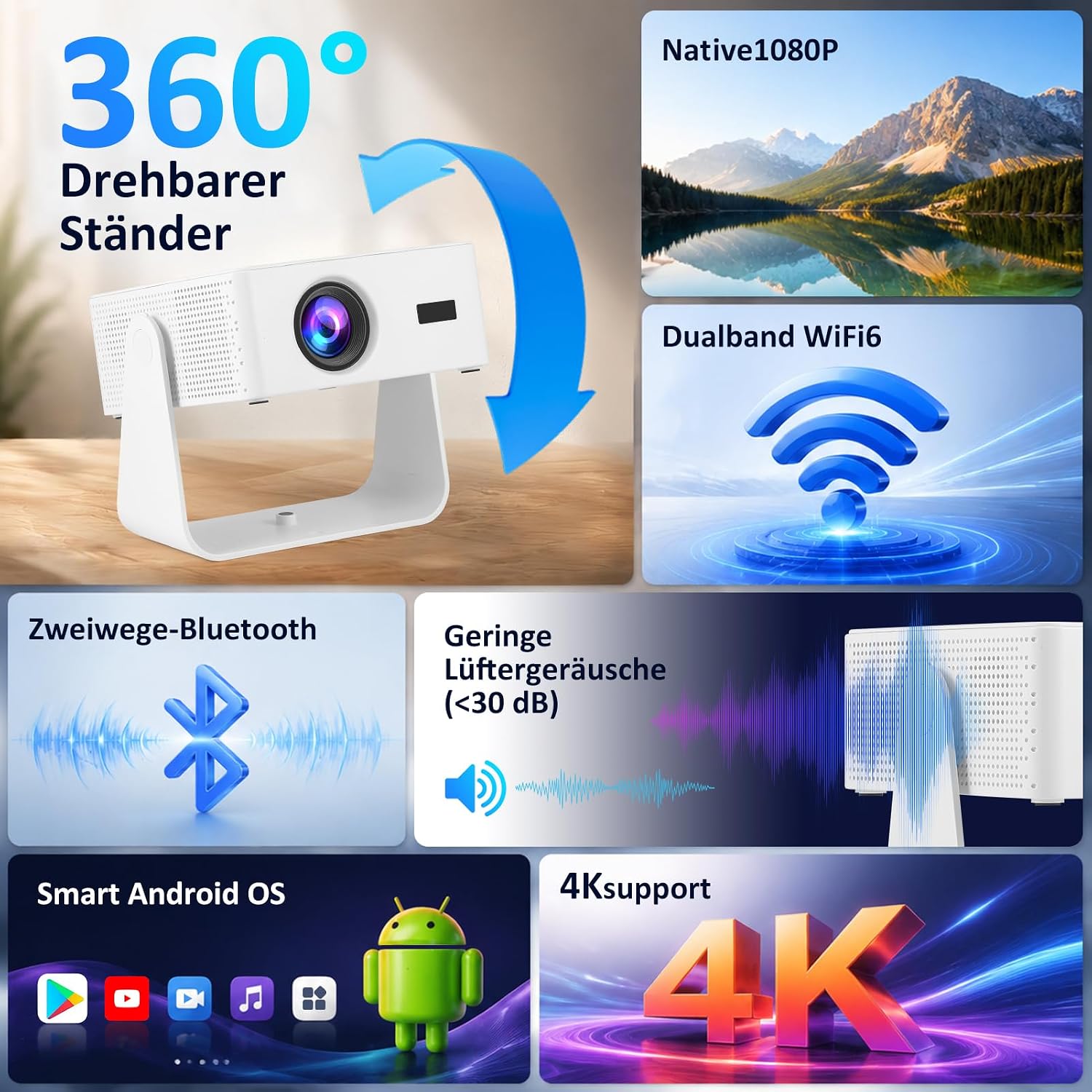 Detalle de 2026 Neuer Smart Mini Beamer mit integriertem Android 13 – Tragbar, 4K-Decoding, Full HD 1080p