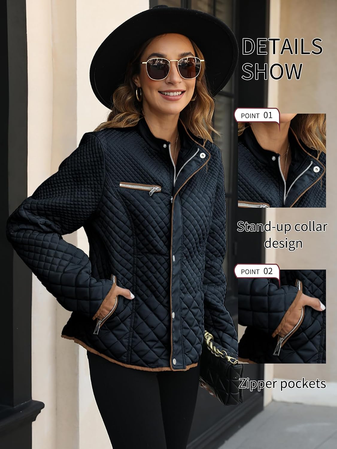 Detalle de Bellivera Women's Fleece-Lined Diamond Quilted Puffer Jacket with Stand Collar