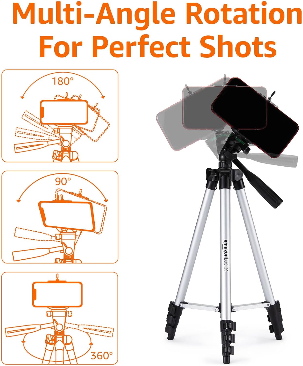 Detalle de Amazon Basics 127 cm (50-inch) Aluminium Universal Smartphone Tripod with Three-Axis Rotation (Black)