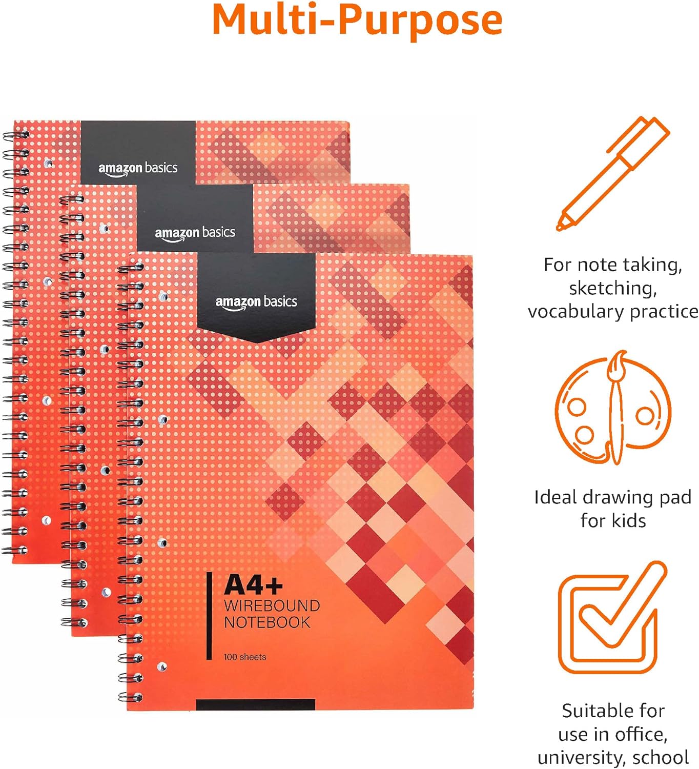 Detalle de Amazon Basics Wirebound Notebook 100 Sheets x 3 — A4+, Red