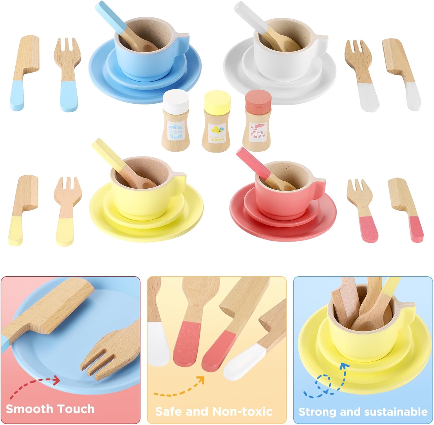 Detalle de GAGAKU 27-Piece Wooden Toy Kitchen Dish Set (2024 Upgrade) for 3+ – Safe, Durable Play Kitchen Accessories