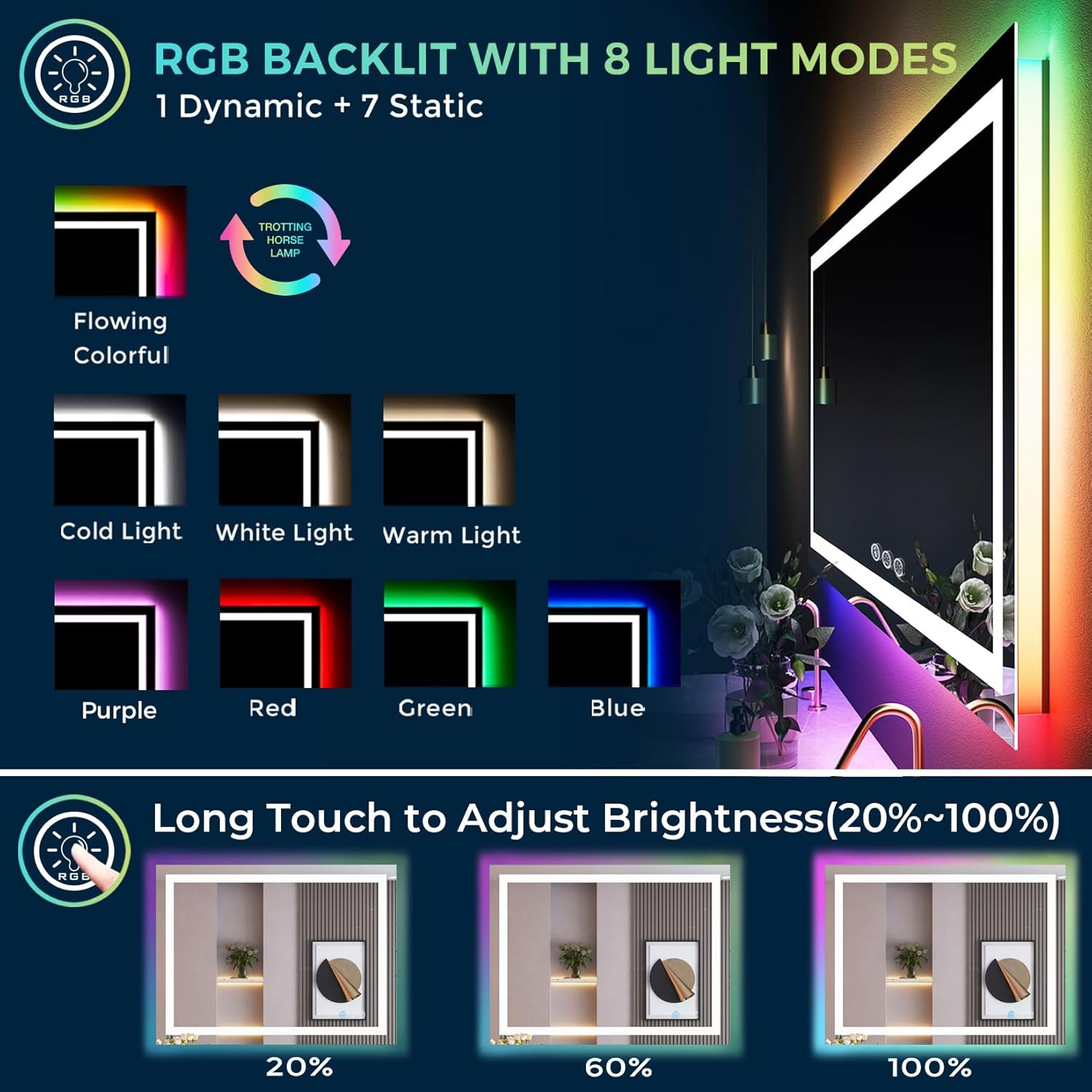 Thumbnail 2 de YEELAIT 36x30 RGB LED Bathroom Mirror with Front Light, Anti-Fog, and IP54