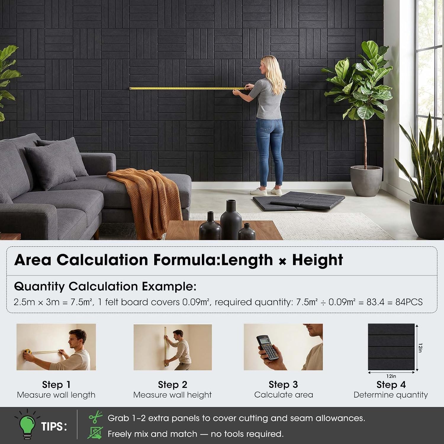 Detalle 2 de MQAAUP 12-Pack Felt Acoustic Wall Tiles, Black, 11.8-Inch Square