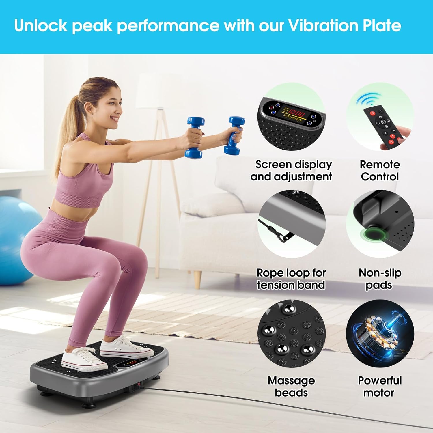 Detalle de SoftGym Vibration Plate Exercise Machine (450 lb capacity) with Remote, Touch Display & Resistance Bands