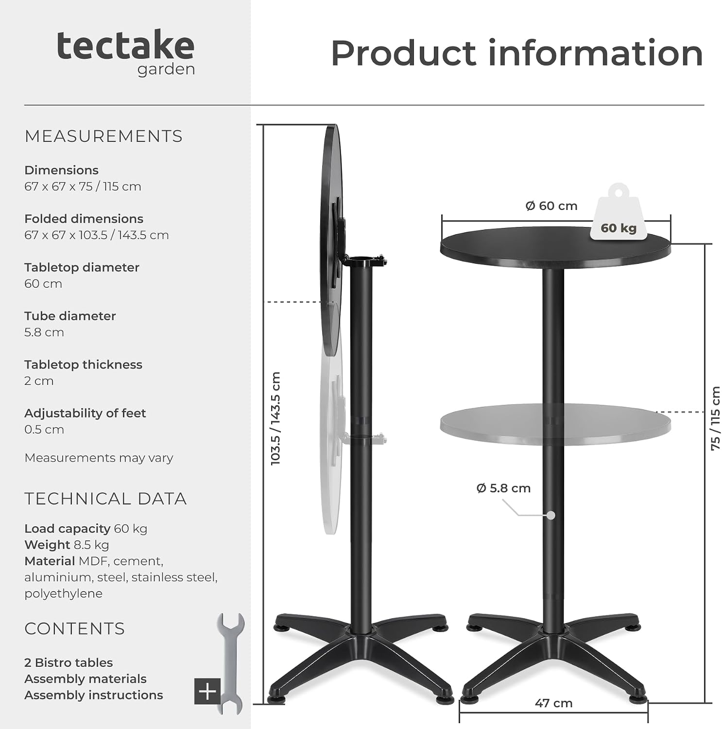 Detalle de tectake 406690 bistrobord, 2-pack med två höjdlägen, hopfällbart och svart