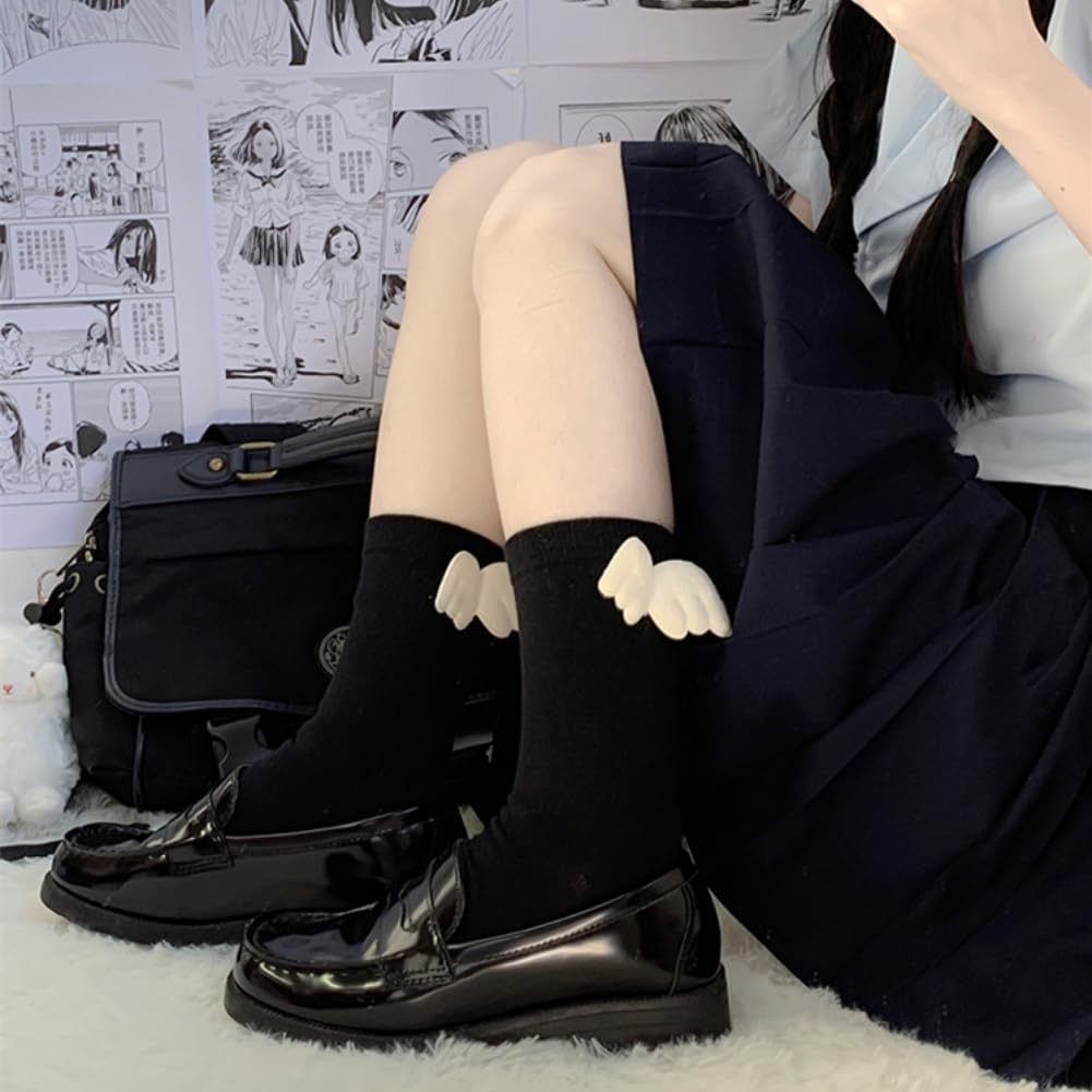 Detalle de AKAMAS 5 Paar Socken mit Engelsflügeln – Schwarz/Weiß, atmungsaktiv, süßes Lolita‑Design für Damen