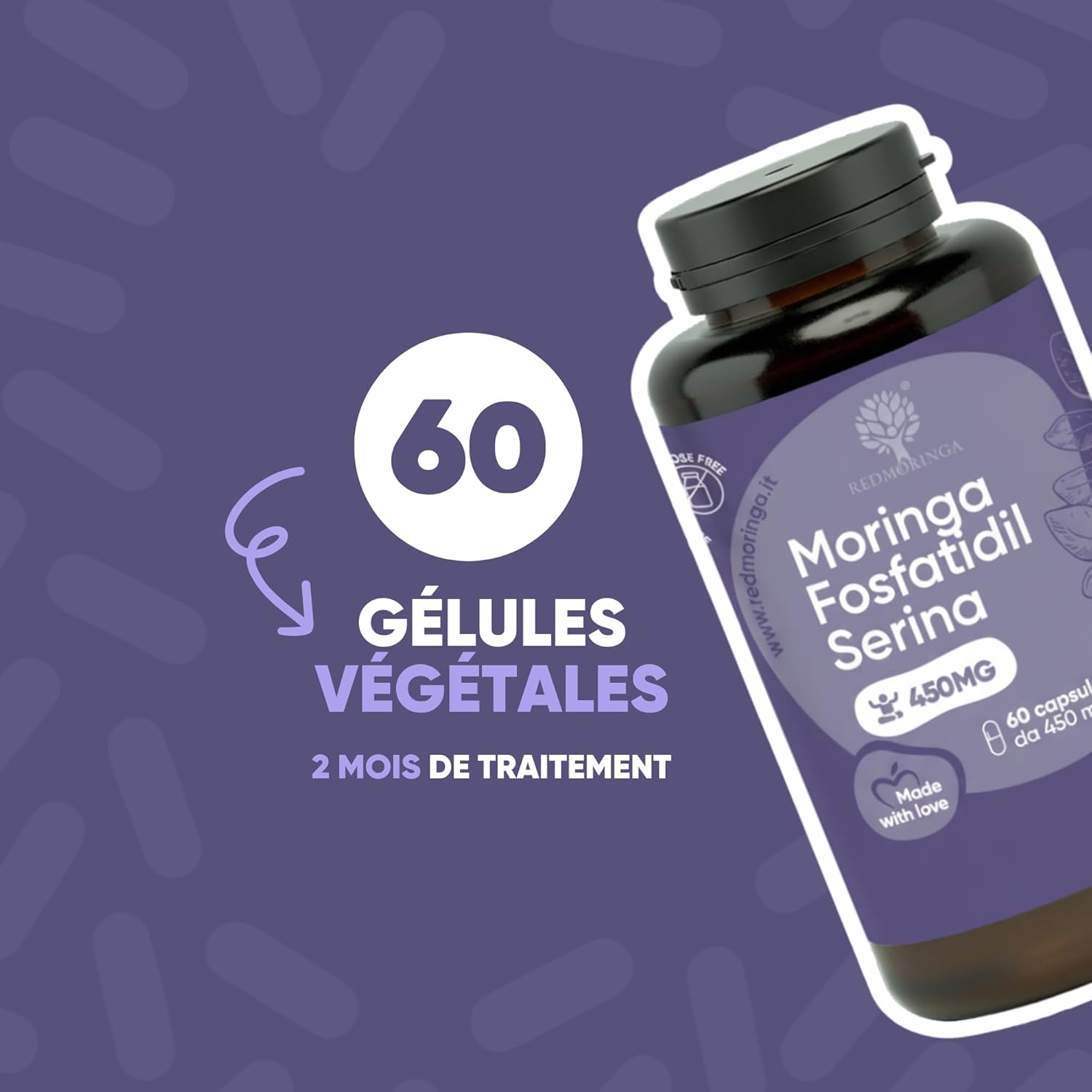 Detalle de Phosphatidylsérine 450 mg + Moringa | Réduit le cortisol, stress et fatigue – 60 gélules, Made in Italy