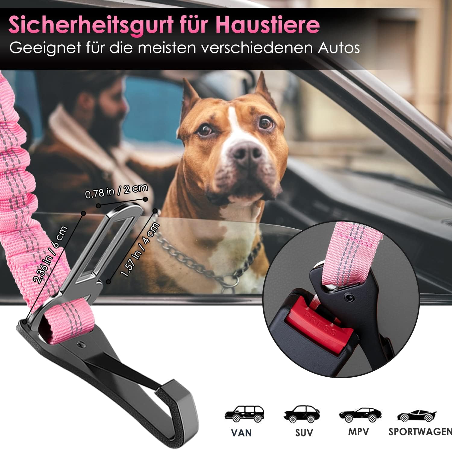 Detalle 2 de Eyein Hunde-Sicherheitsgurt für Auto (3-in-1, reflektierend, 90 cm) – verstellbar mit elastischer Ruckdämpfung, Rosa