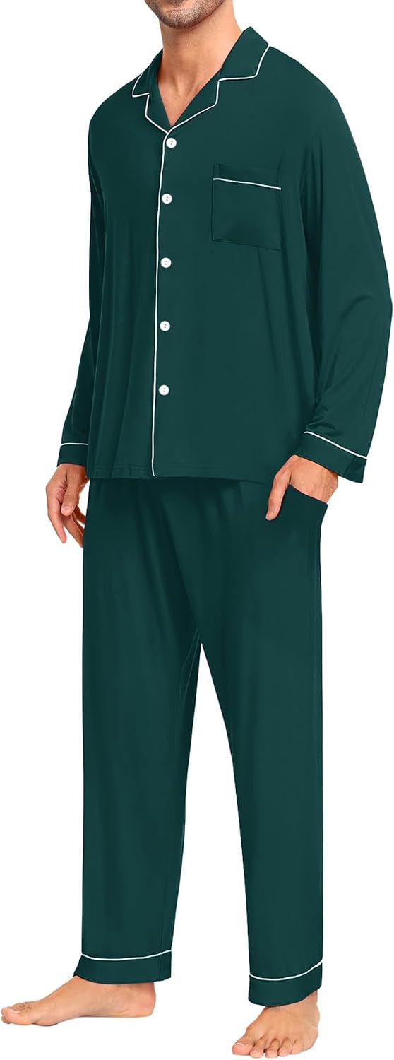 Detalle 2 de SWOMOG Men's Modal Pajama Set with Button-Down Top and Pocketed Pants