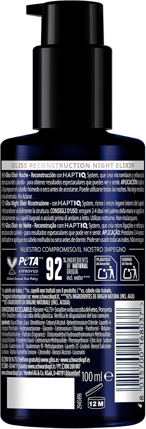 Detalle 2 de Schwarzkopf Gliss Night Elixir Siero Ricostruzione Notturna 100 ml: ricostruzione capillare durante il sonno