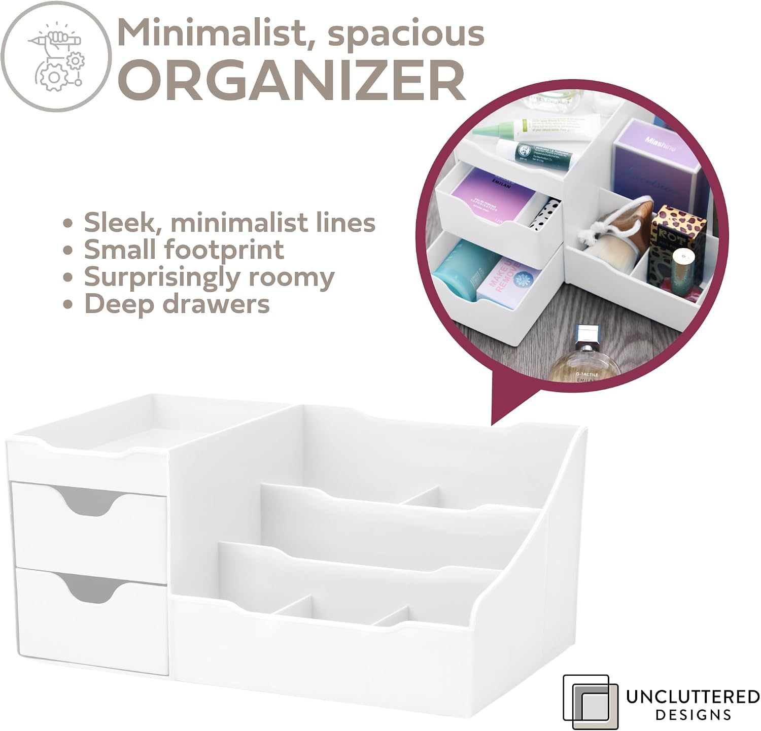 Thumbnail 1 de UNCLUTTERED DESIGNS Makeup Organizer With Drawers — Modern Countertop Storage for Cosmetics (White)