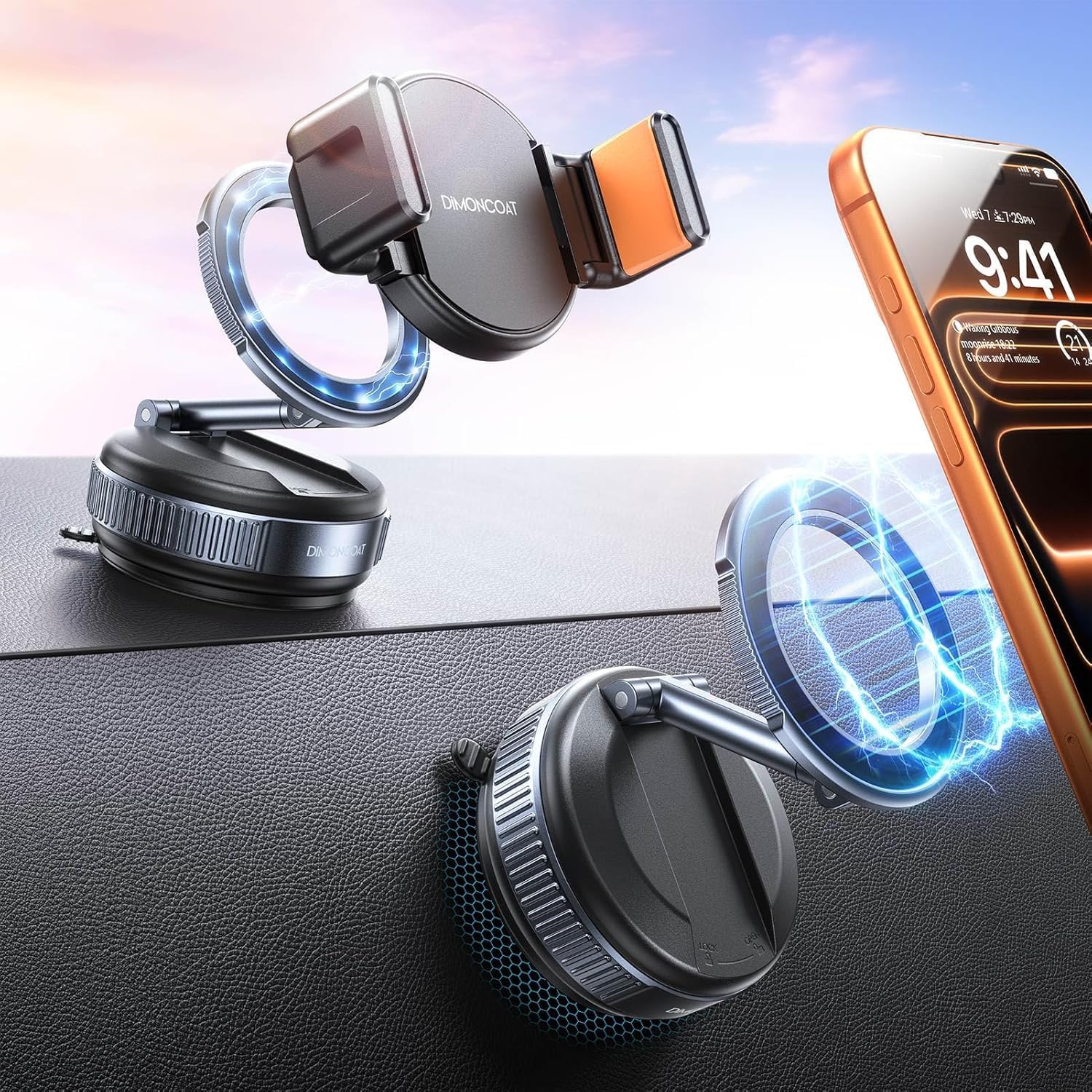 DIMONCOAT MagSafe Handyhalterung fürs Auto mit Saugnapf & Klemme – 360° verstellbar, kein Metallring nötig