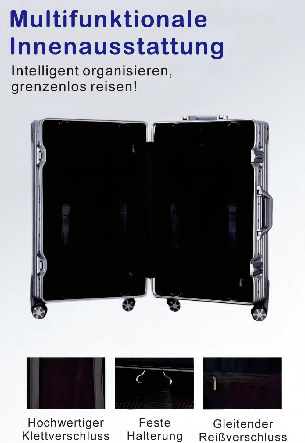 Detalle de Aoliwei 100% Aluminium Koffer (100L) – Großer L Vollaluminium Reisebegleiter mit TSA-Schloss und 360° Doppelrollen