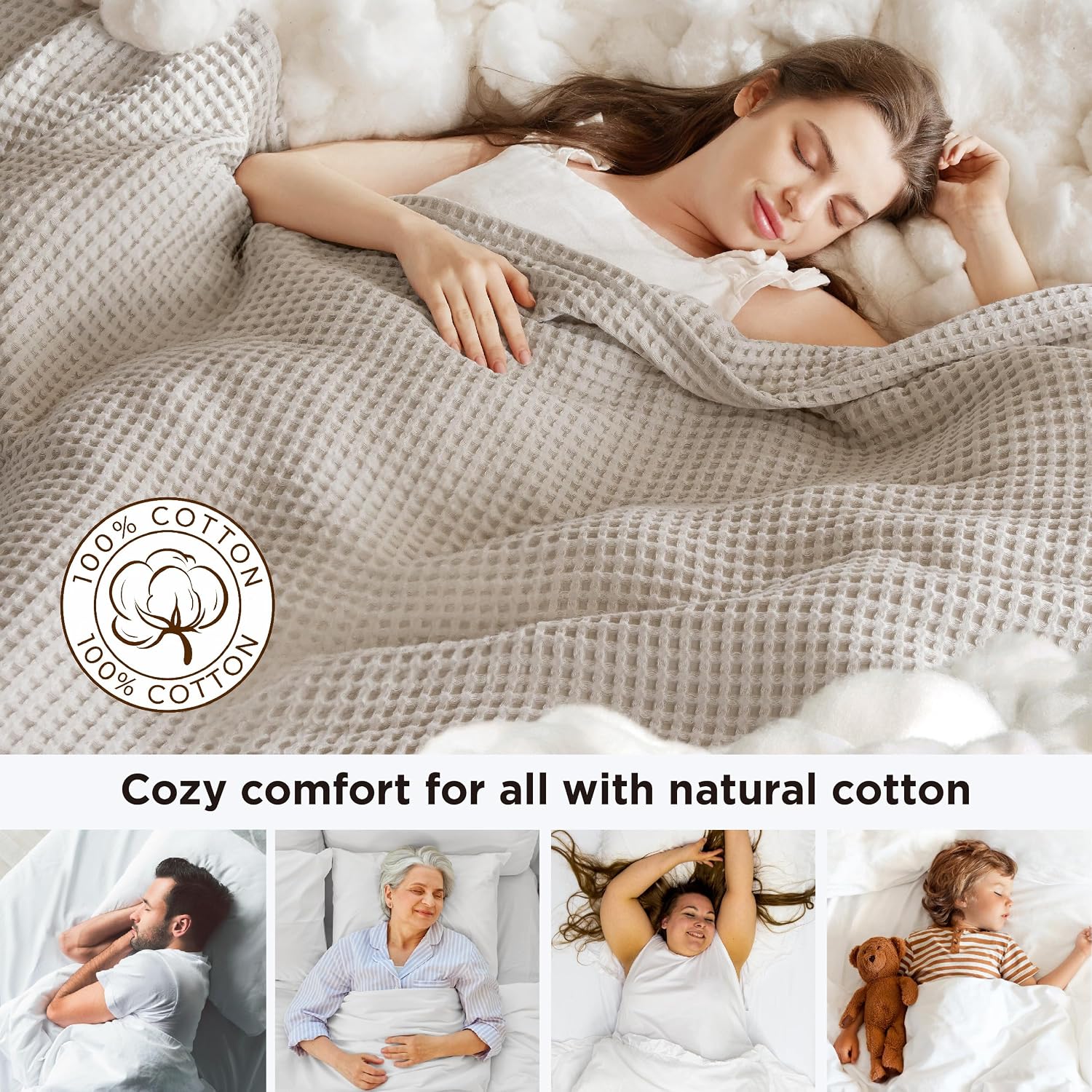 Detalle 2 de Bedsure Twin XL 100% Cotton Waffle Blanket, 66 x 90 in, Linen