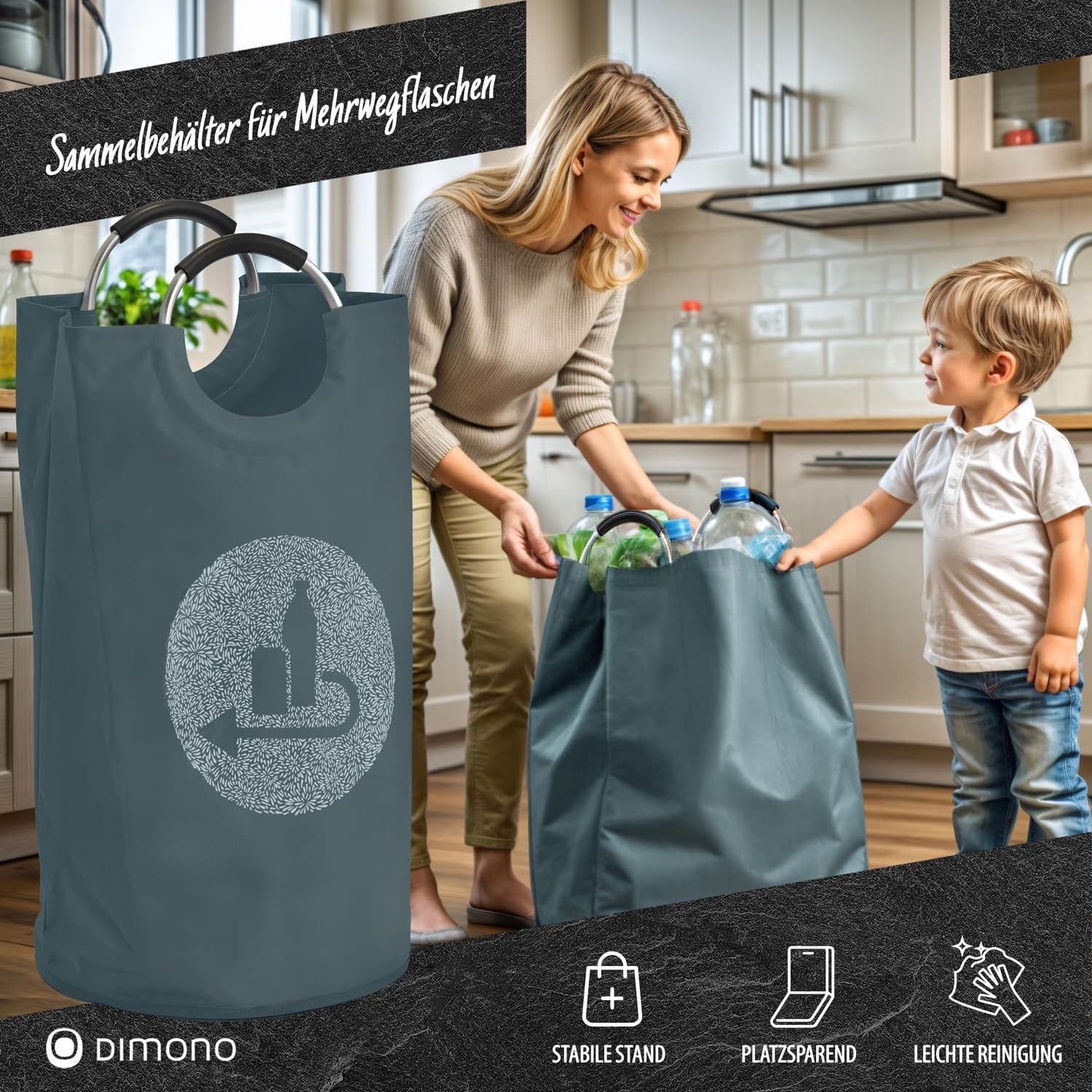 Detalle de Dimono Collecteur de Bouteilles et Panier à Bouteilles & Sac à Jouets – Récipient de Consigne recyclé, Panier à emballages vides