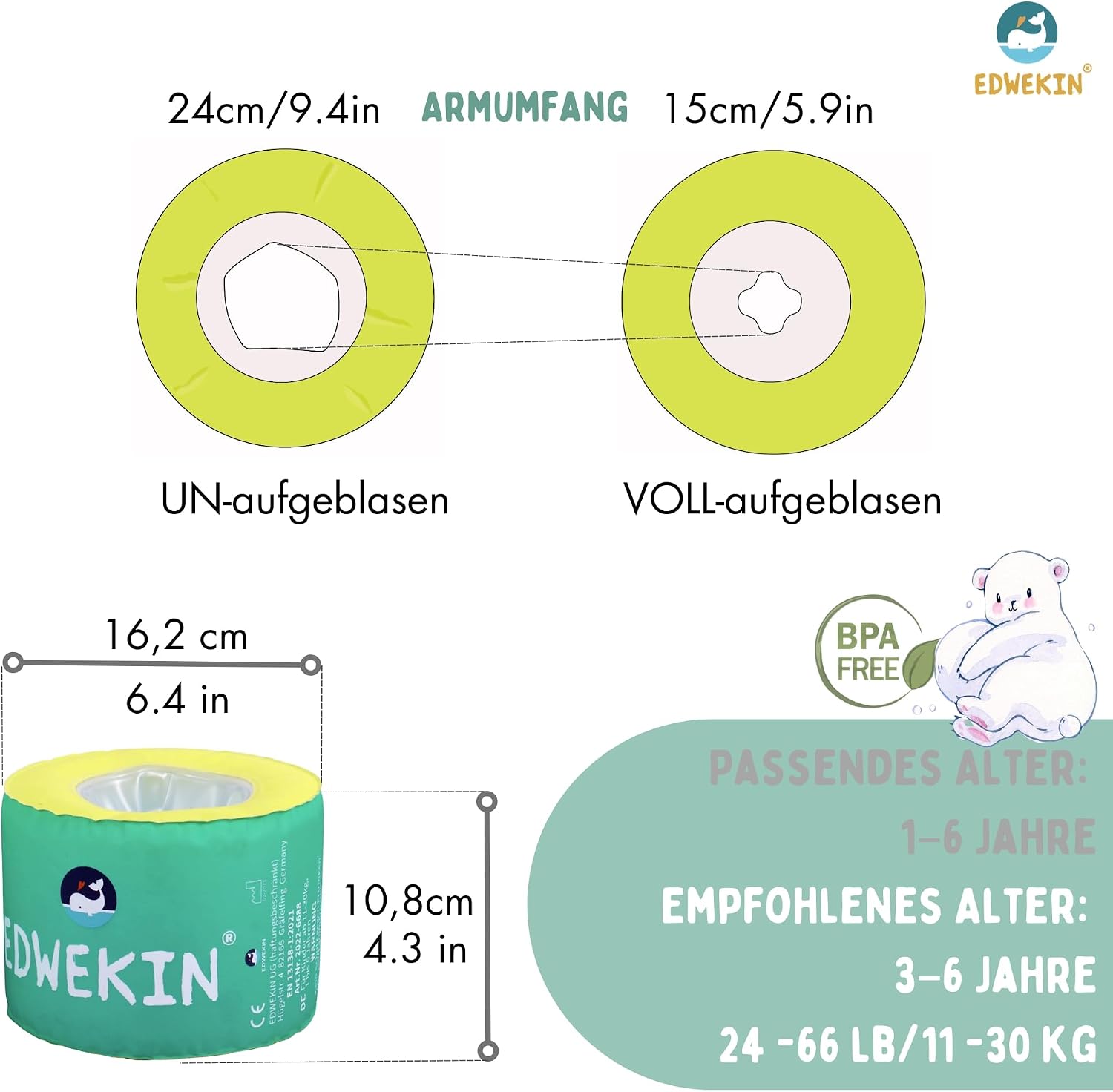 Detalle 2 de EDWEKIN Premium Schwimmflügel Kinder 1–6 Jahre