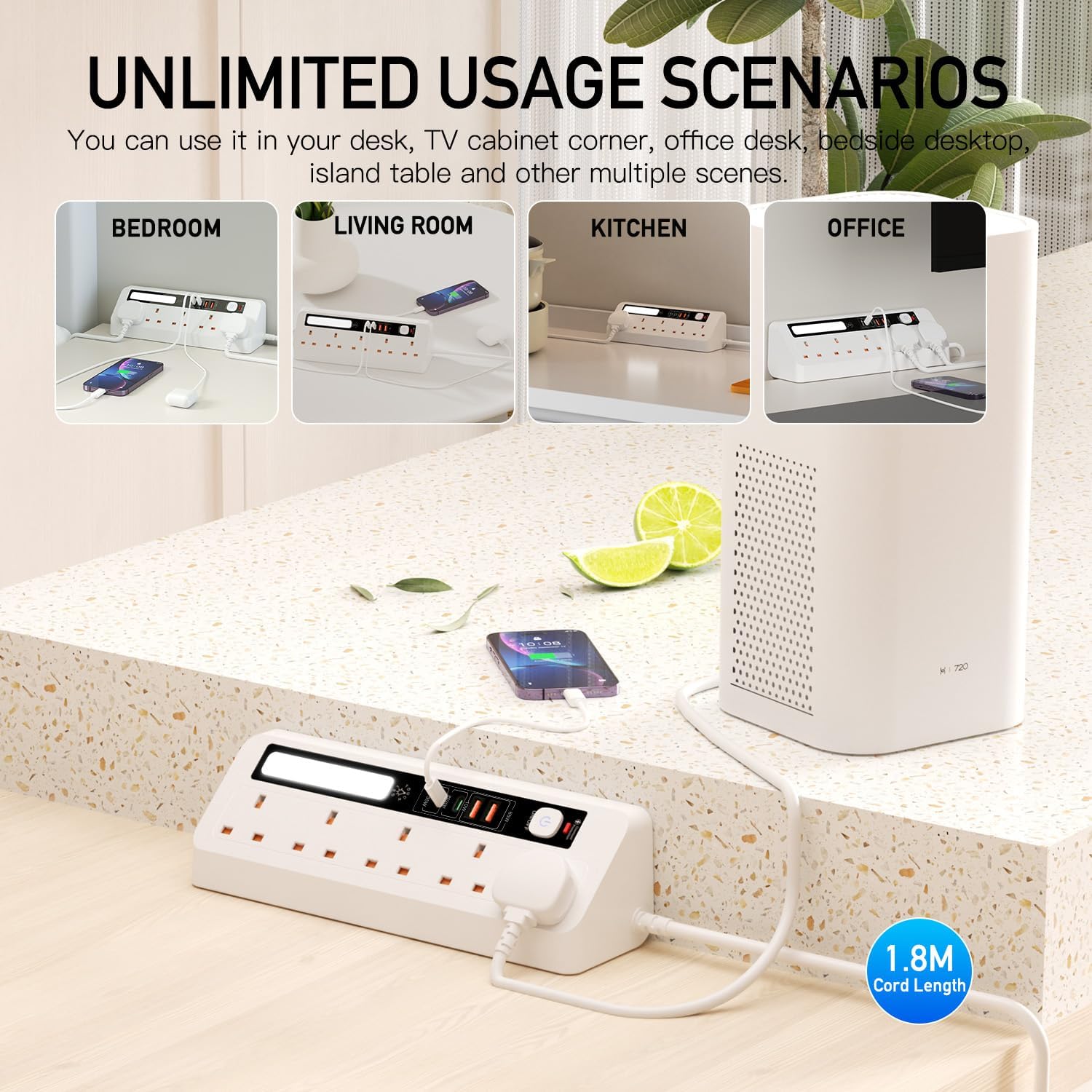 Detalle de BOCHLION 9-in-1 Desk Extension Lead with USB Slots (PD 35W + PD 20W) and Night Light, 5-Way Surge Protector, 1.8m