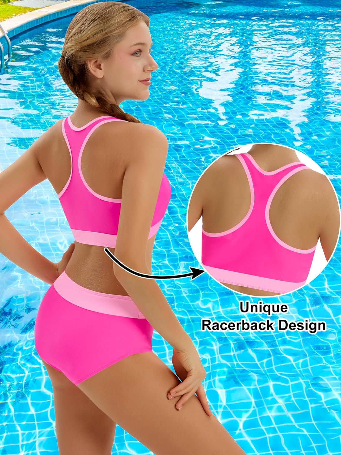 Detalle 2 de Girls Color-Block High Waist Sporty Two-Piece Swimsuit Set (7–16T)