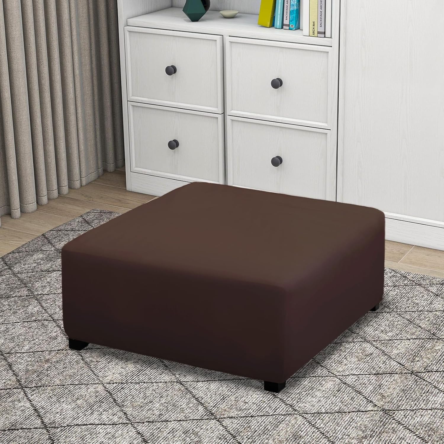 Detalle 2 de PureFit Stretch Square Ottoman Cover, 40x40x15, Chocolate Polyester-Spandex