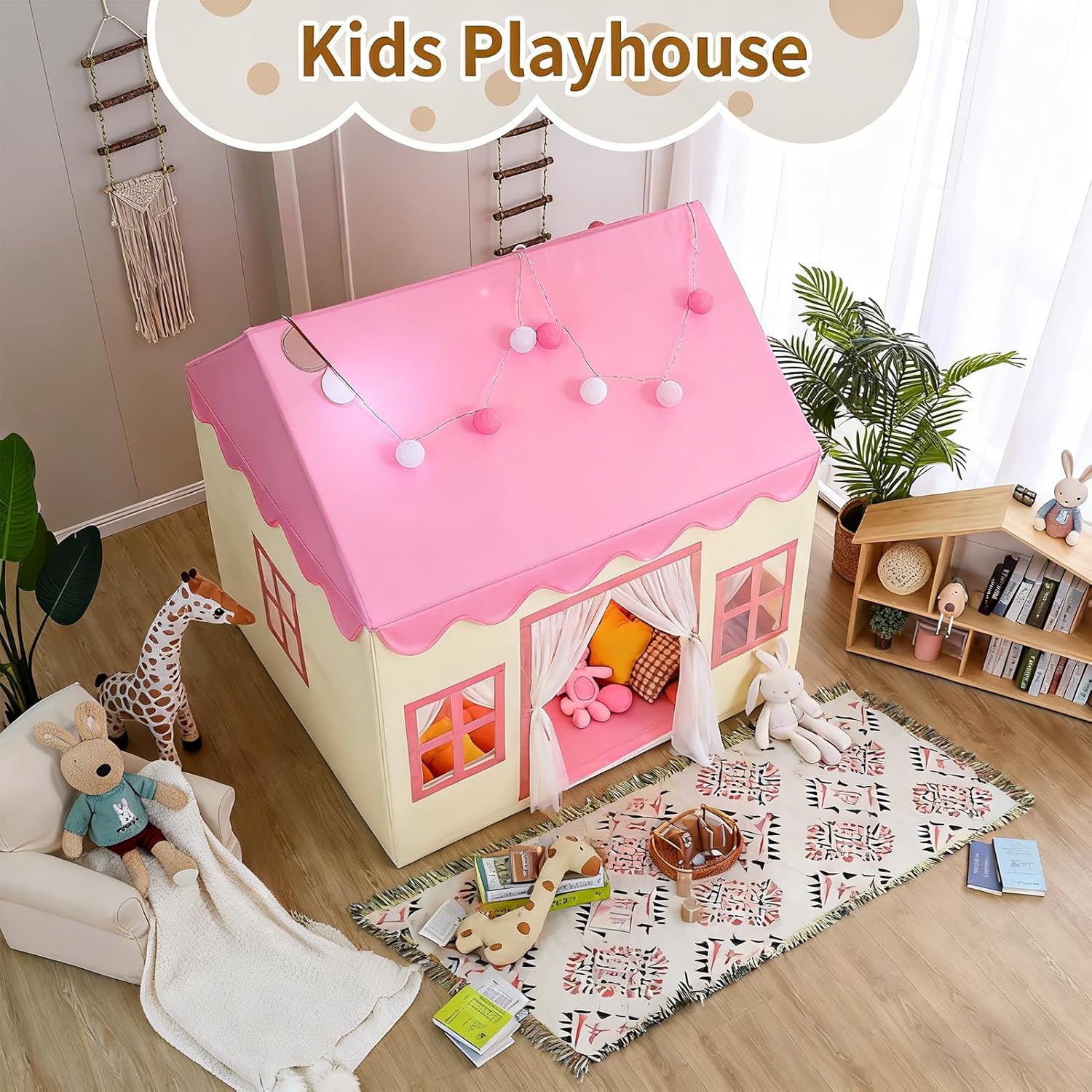 Detalle de Large Kids Tent Playhouse: 2-in-1 Play Tent with Padded Mat, Lights & Flags