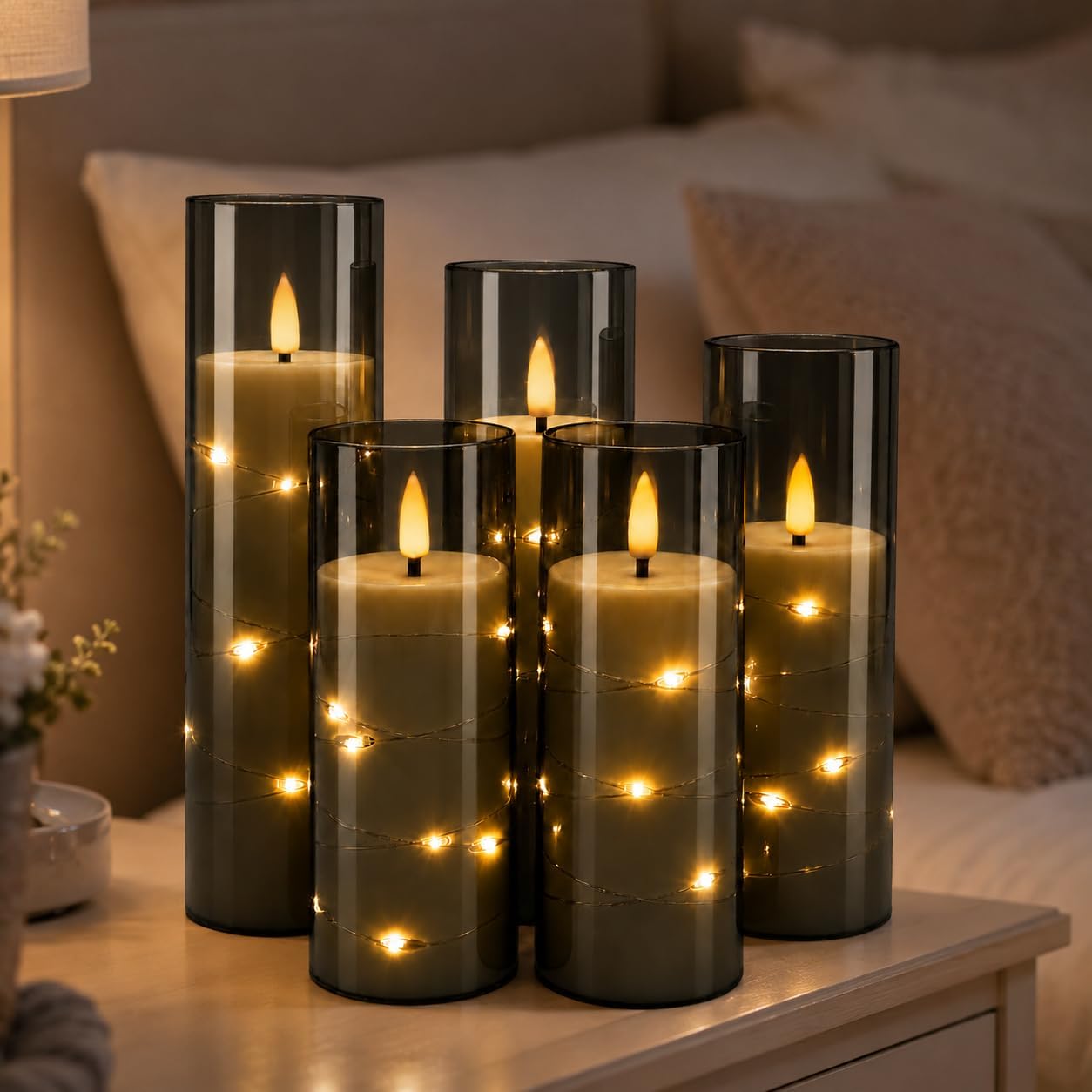 Detalle de Da by 5 Candele LED Grigie con Luci Fatate Avvolgenti – set da 5 candele con telecomando