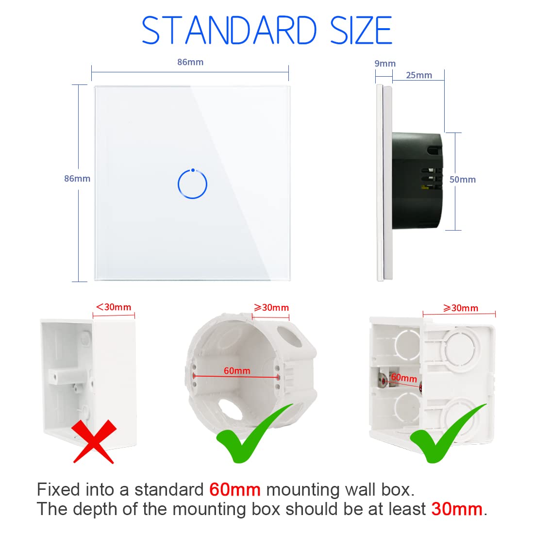 Detalle de CNBINGO Touch Light Switch, White Single Light Switch with Tempered Glass Panel and LED Backlight