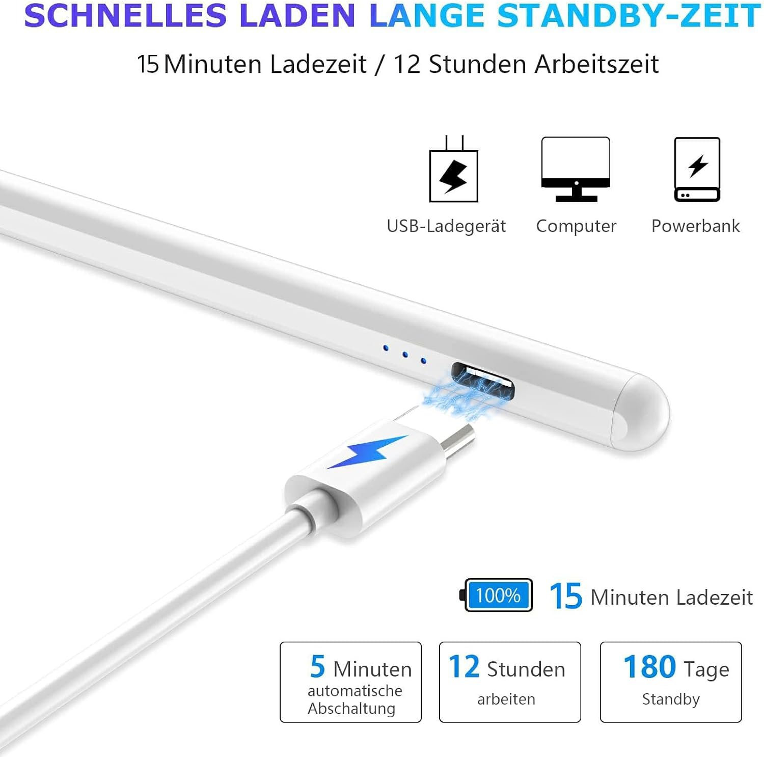 Detalle de Stylus Pen für Android-Touchscreens – 15-Minuten Schnellladung, 2 Ersatzspitzen, kompatibel mit Samsung/Huawei/Phone/Lenovo/XiaoMi