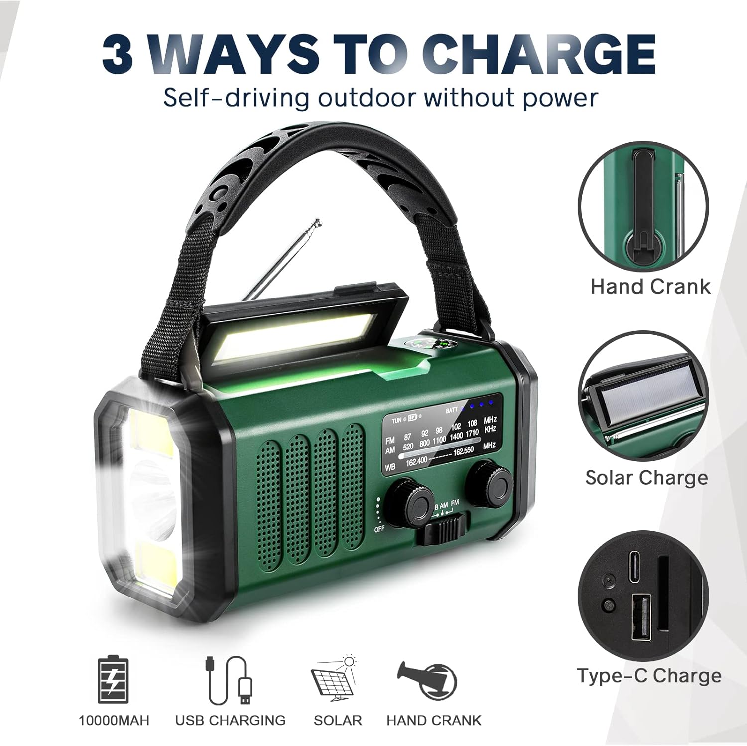 Thumbnail 3 de Hand Crank Emergency Radio with NOAA Weather & AM/FM, Solar + 10,000mAh Battery