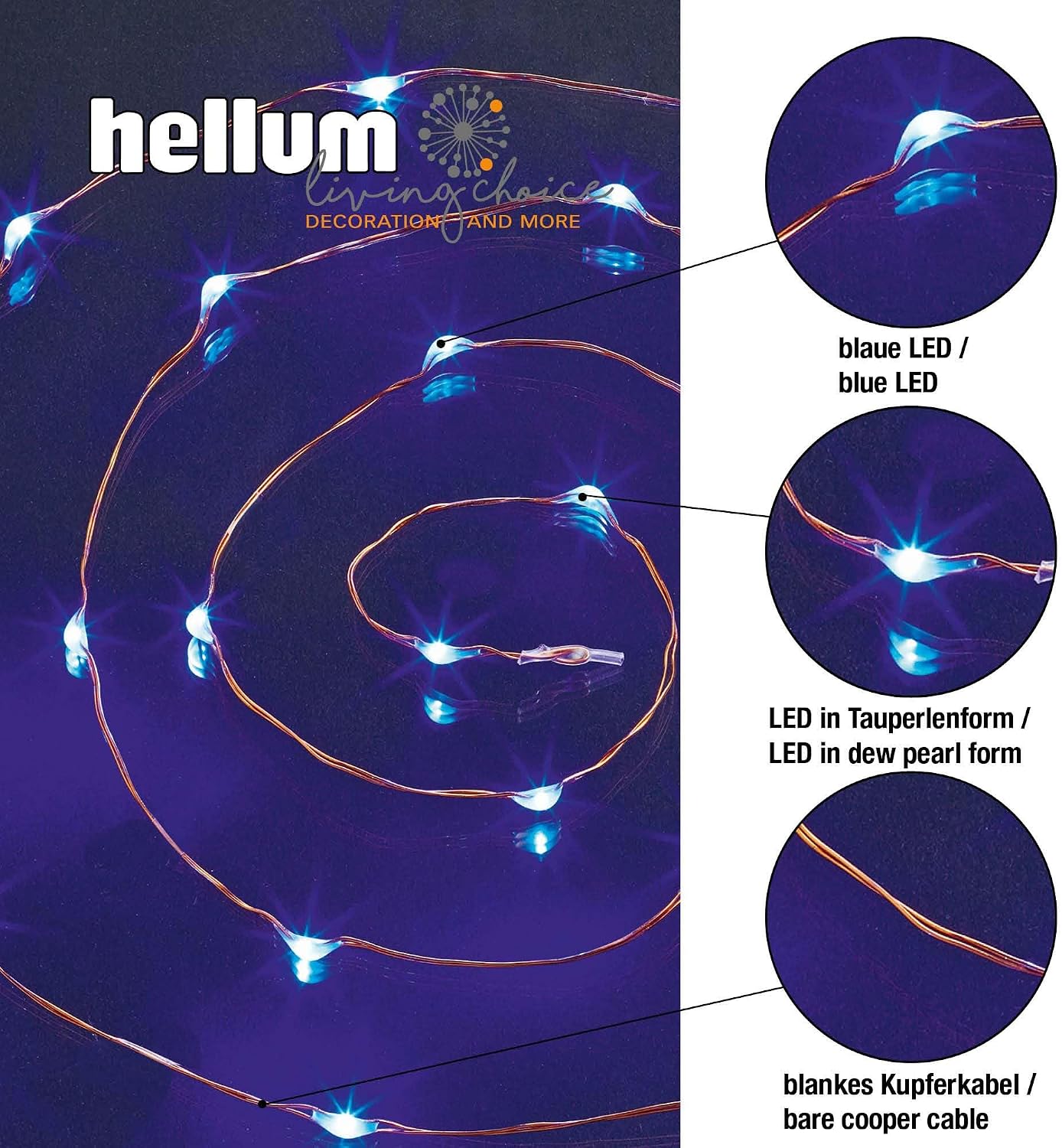 Thumbnail 2 de Hellum 00570724 LED Fairy Lights, 20 Blue LEDs, 0.95 m Copper Cable