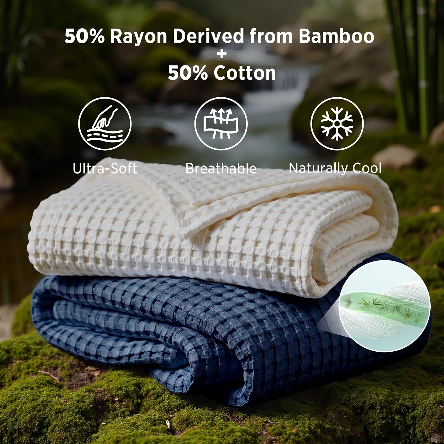 Detalle de Bedsure Cooling Waffle Blanket, Twin XL Navy, Cotton and Bamboo-Derived Rayon
