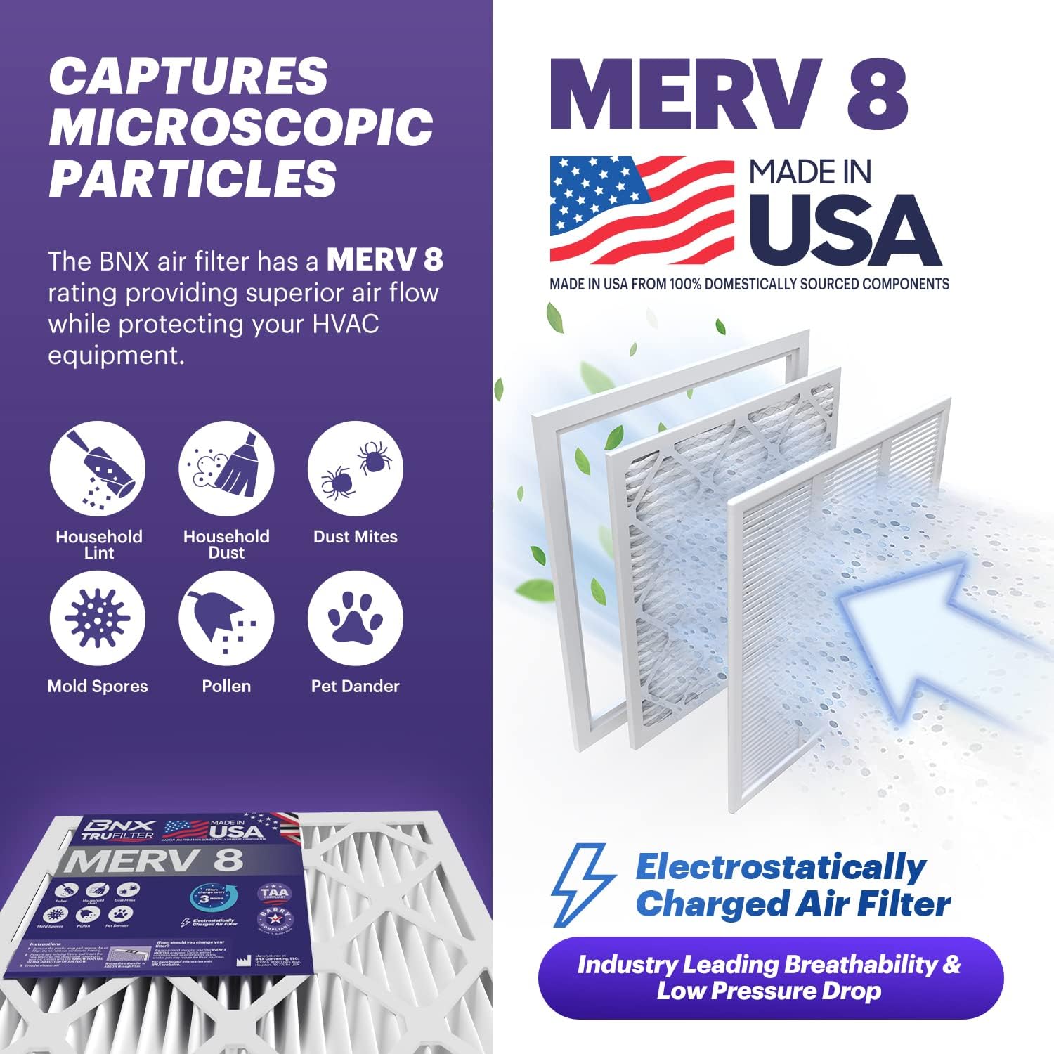 Detalle de BNX TruFilter 20x25x1 MERV 8 Air Filter (6-Pack) – Electrostatic Pleated HVAC AC Furnace Filters, Made in USA