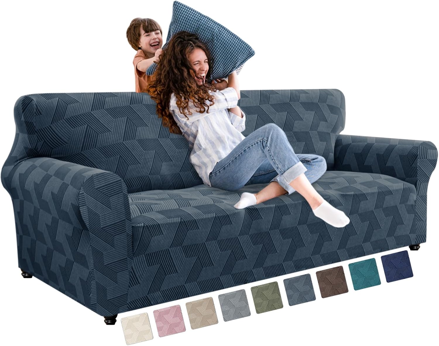 Detalle de JIVINER 3-Cushion Couch Cover, Dark Grey Geometric Jacquard with Elastic Bottom