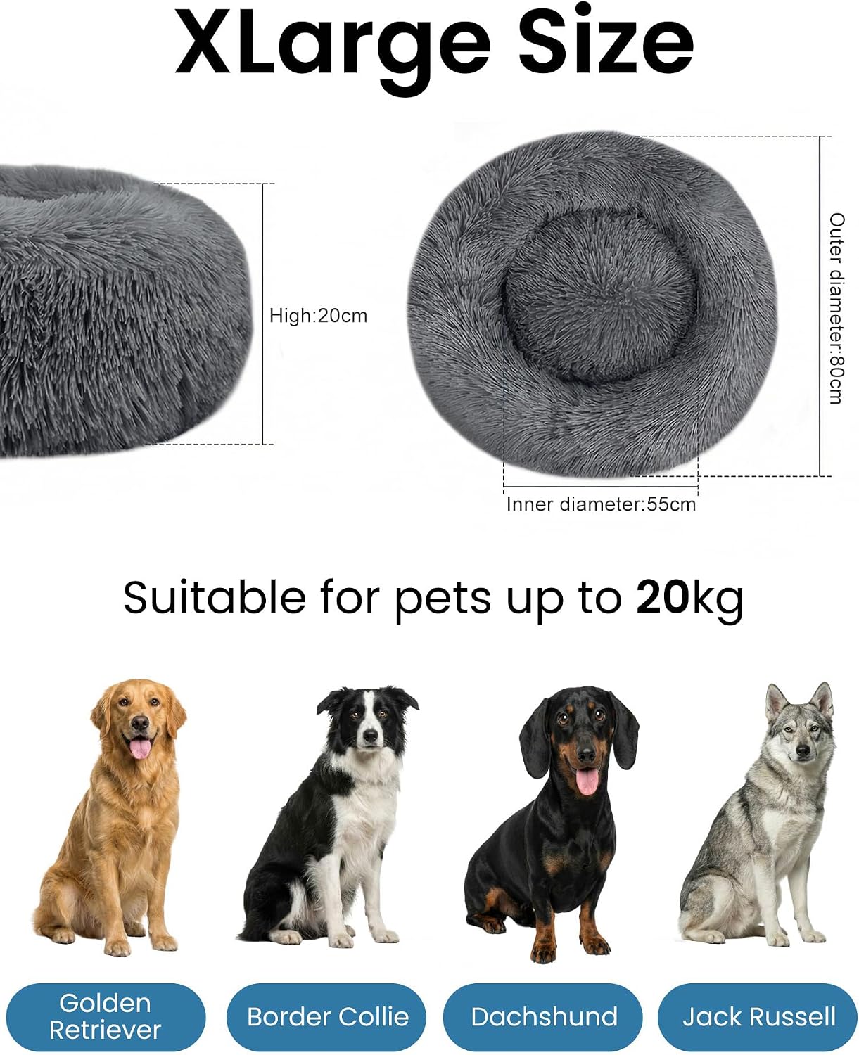 Detalle de Moistu Moistu XL Dog Bed Donut Washable – 80cm round calming cushion with non-slip base