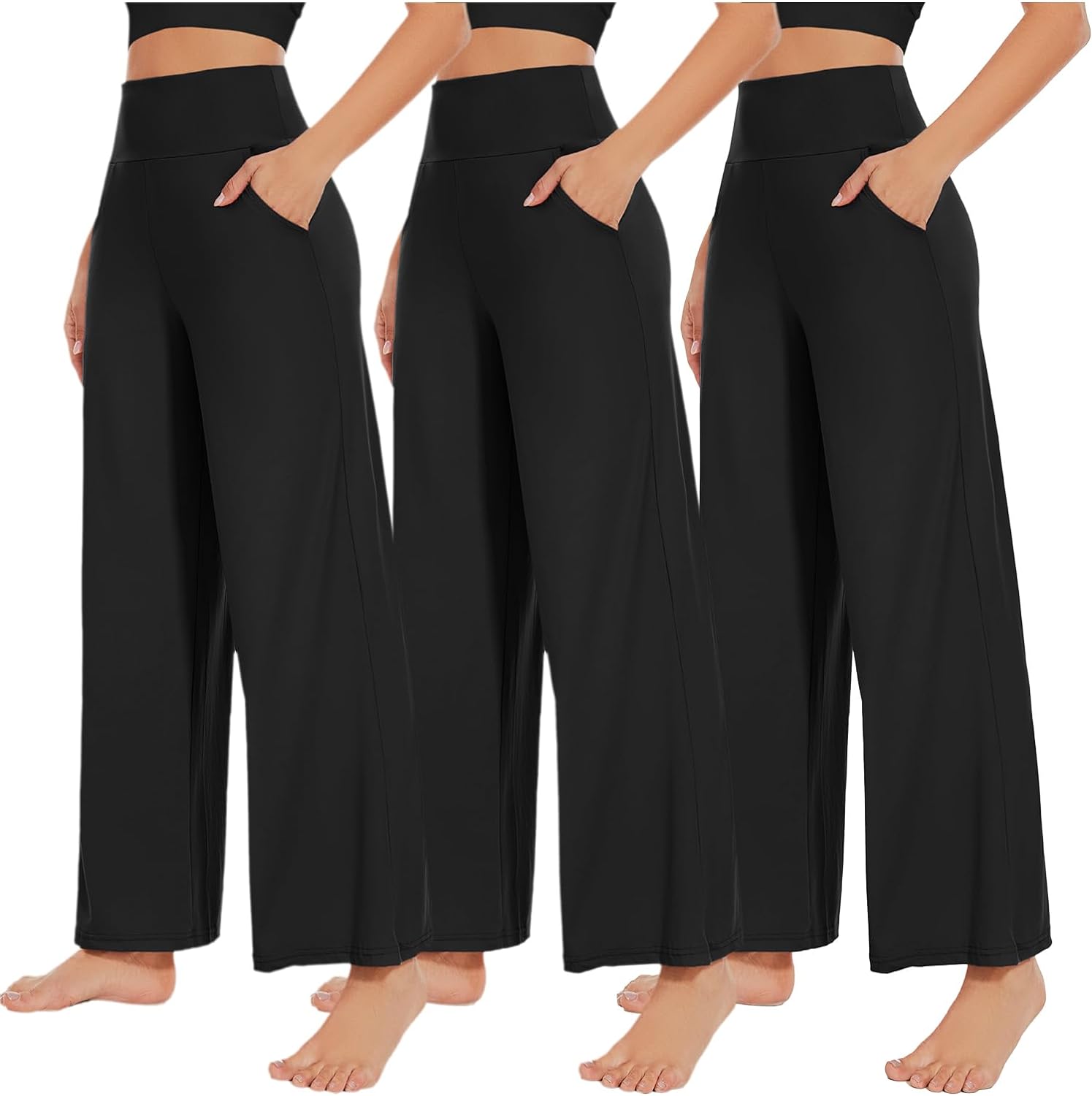 Detalle de NEW YOUNG 3 Pack Women's Wide Leg Pants with Pockets High Waist - Comfortable, Travel-Ready Palazzo