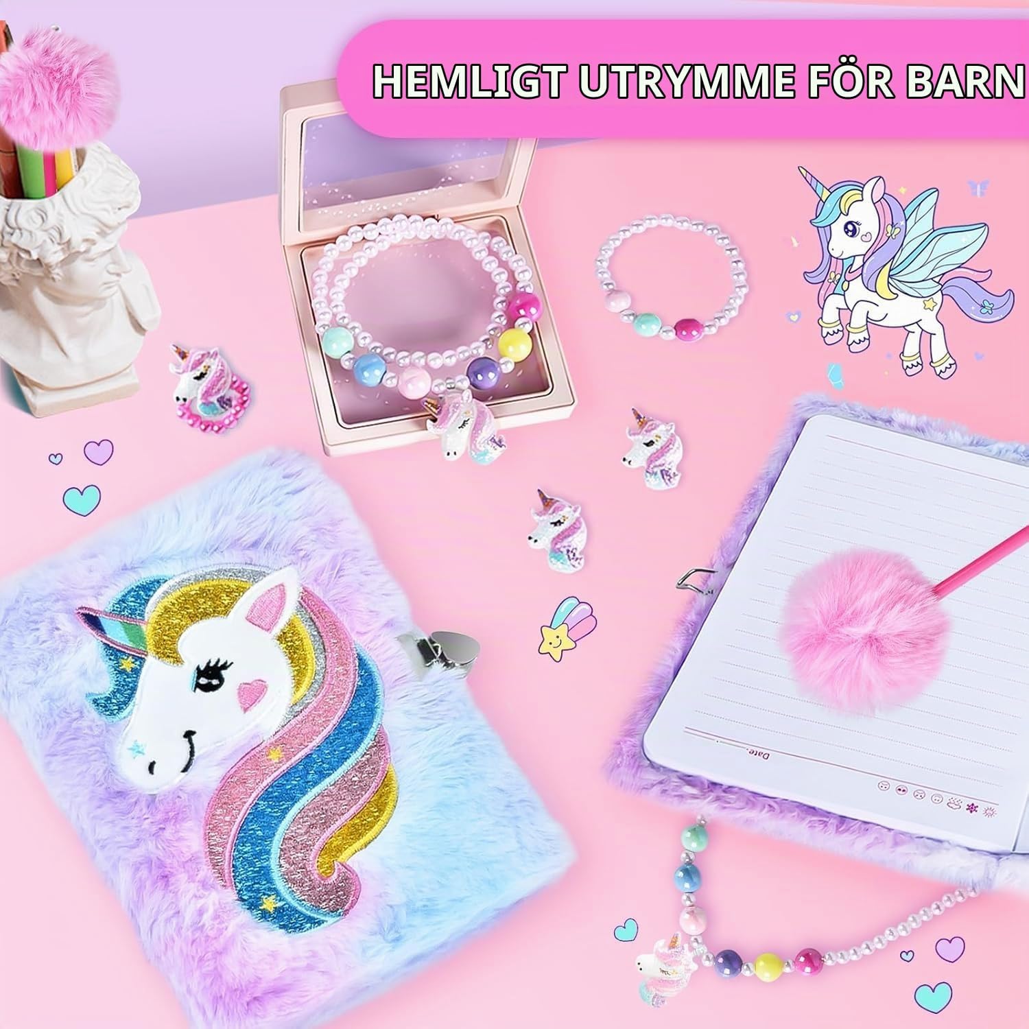 Thumbnail 2 de JONRRYIN Einhorn Kuscheltier Tagebuch – enhörningsset med dagbok och lysande docka