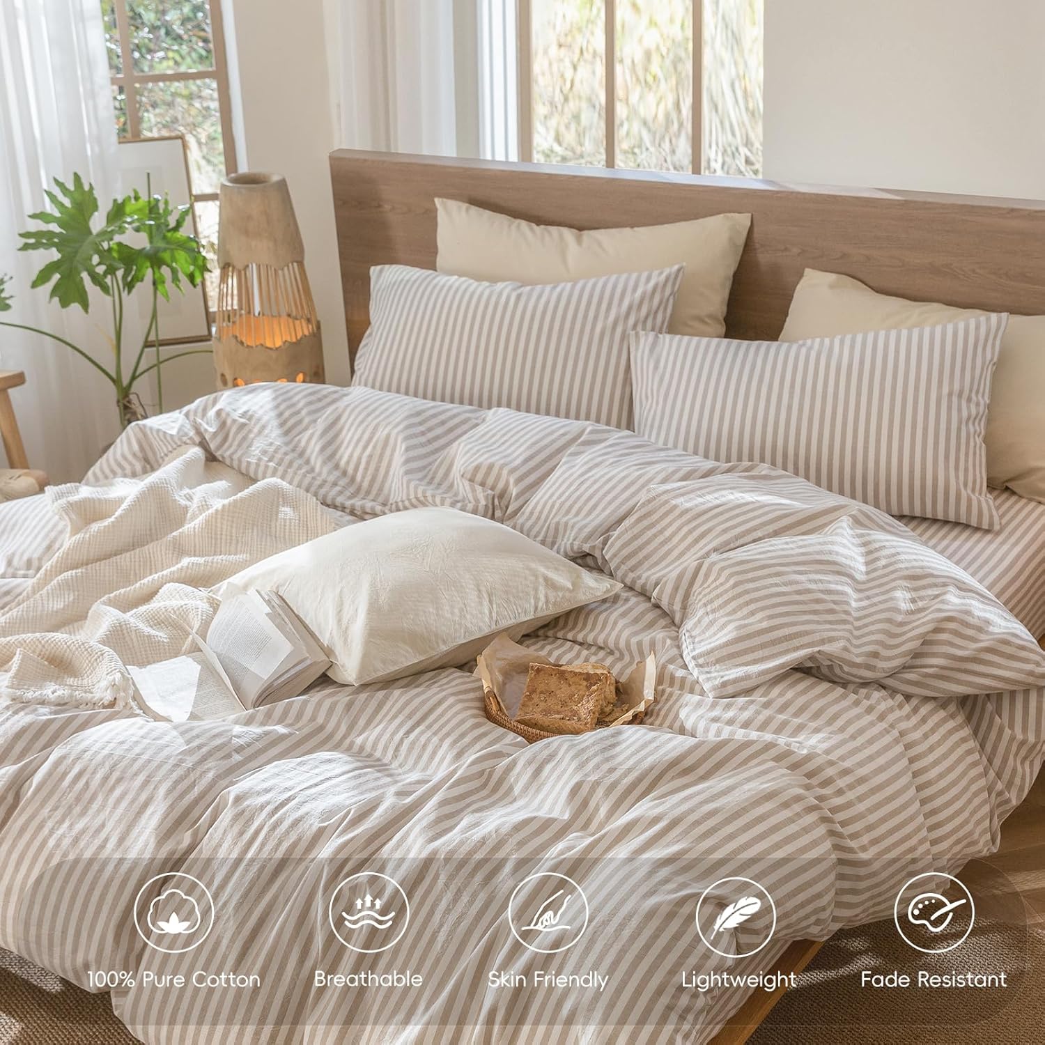 Thumbnail 3 de MooMee Striped Duvet Cover Set in Washed Cotton (Queen 90"x90")