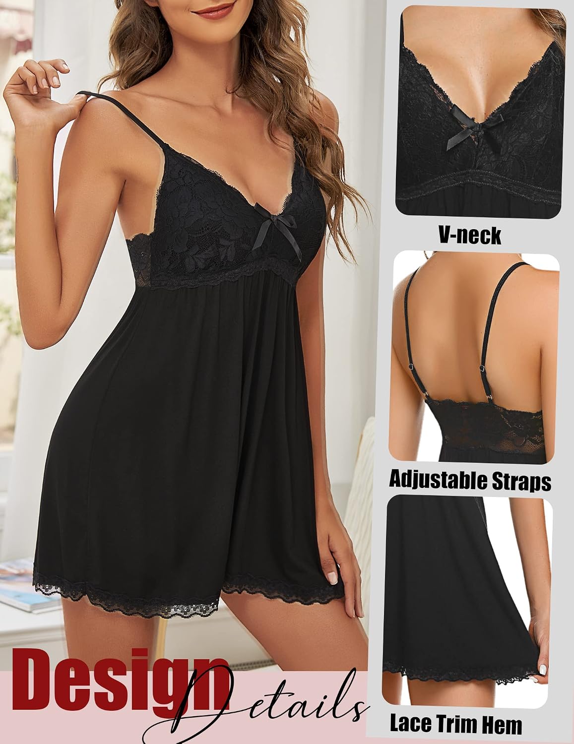 Detalle 2 de Avidlove Women's Lace V-Neck Chemise with Adjustable Straps