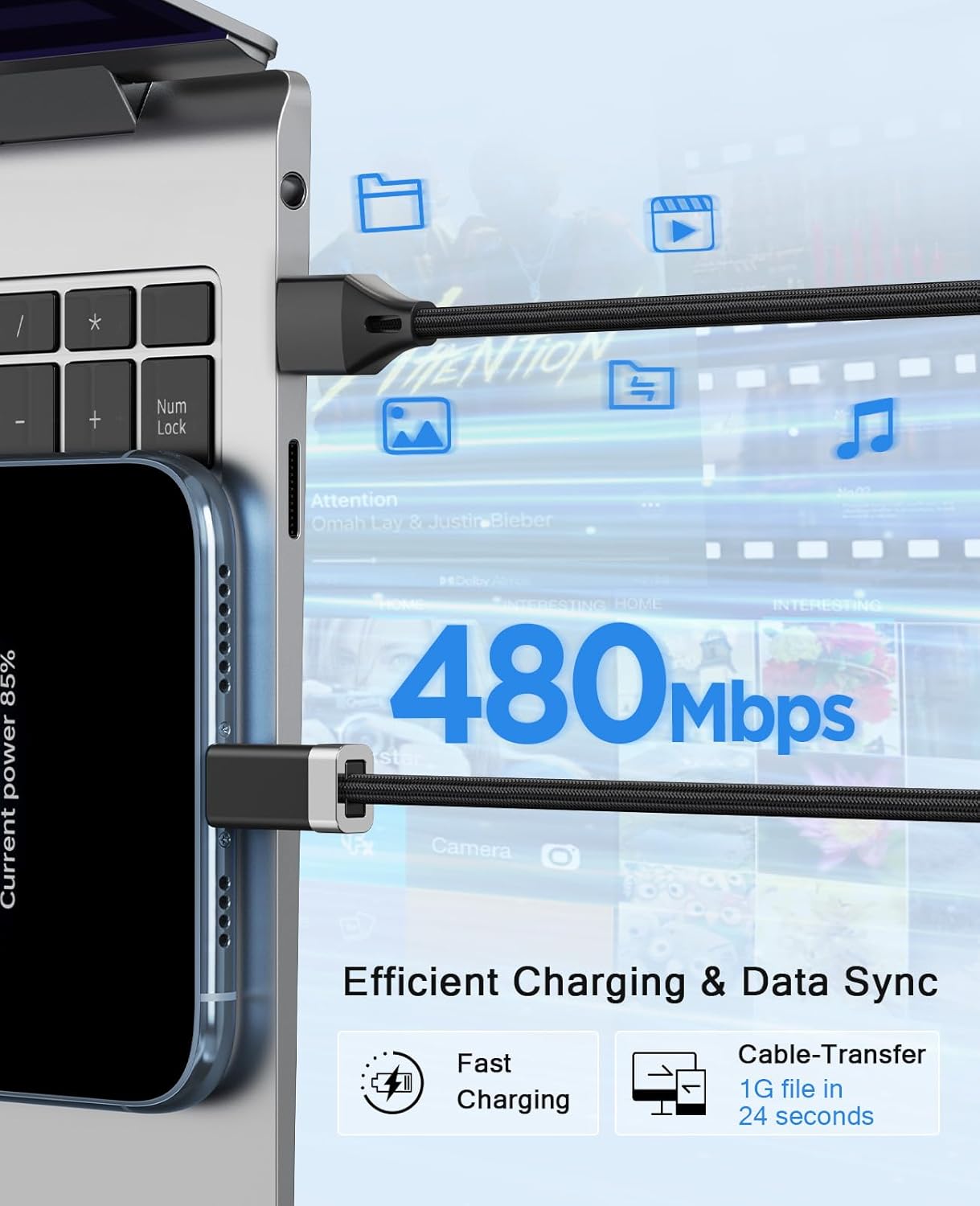 Thumbnail 5 de Magtame StayCable USB-A vers Lightning avec aimant Keeper (1 m) : câble tressé, charge rapide et données