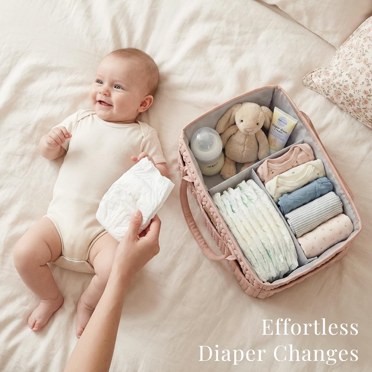 Detalle de Konssy Braided Blush Diaper Caddy with Removable Divider and PU Handles