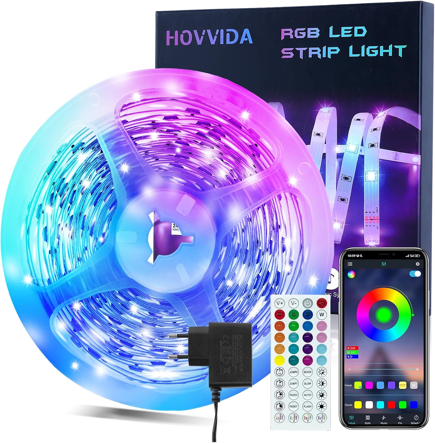HOVVIDA LED Strip 10 m (30 LEDs/m) – RGB mit App, Fernbedienung, Musik- und Timing-Modus