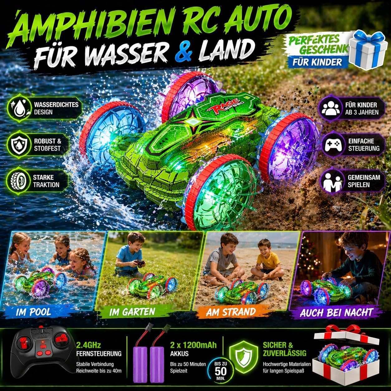 Detalle de Ferngesteuertes Amphibienfahrzeug: Outdoor-Fun für Kinder ab 6+ – Wasser & Land, 2×1200mAh Akkus, 360° Drehung