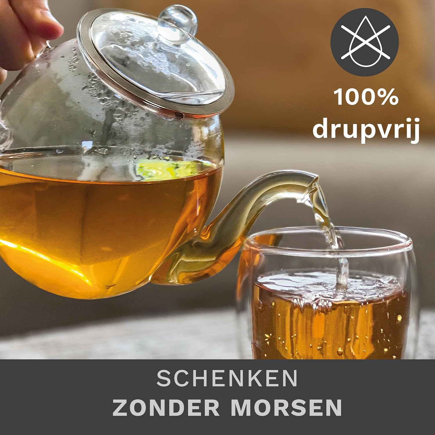 Detalle de Creano 298 glazen theepot 1,5 liter met zeef, glazen deksel en druppelvrije schenktuit