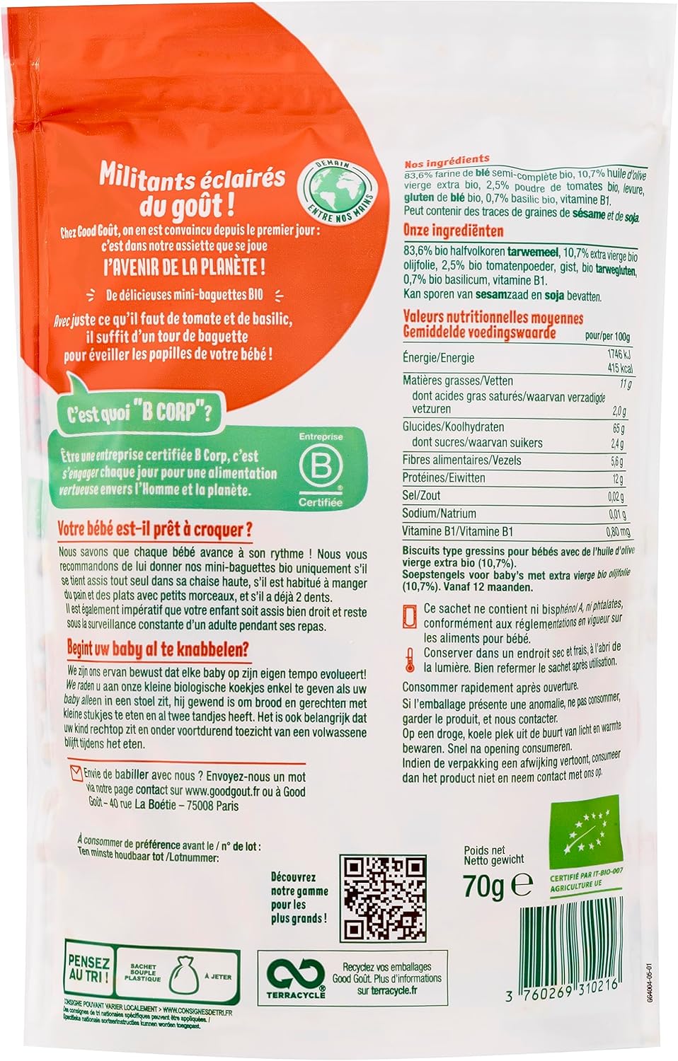 Thumbnail 2 de GOOD GOÛT Mini-Baguettes Tomate et Basilic – Gressins Bio pour Bébé (70 g)