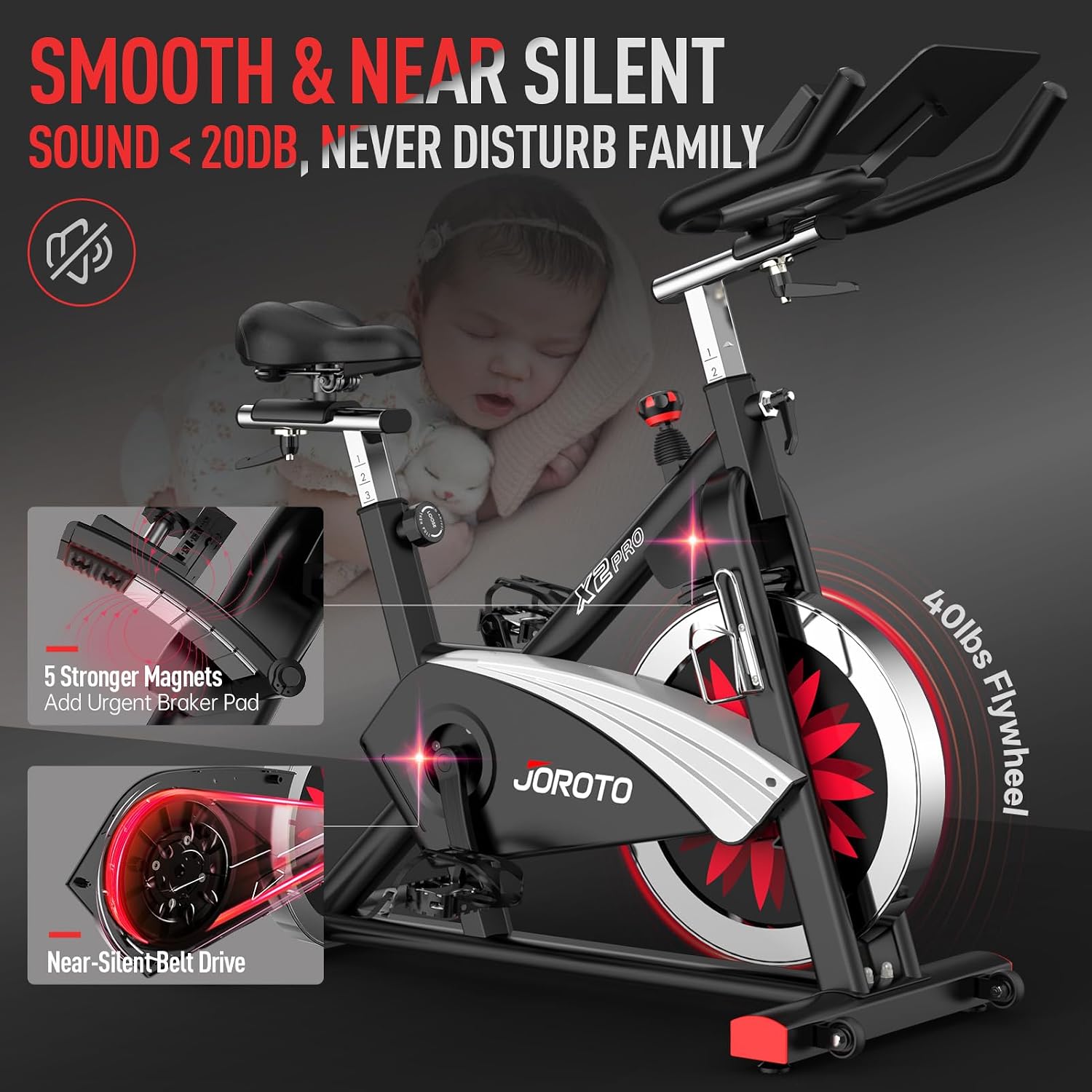 Detalle de JOROTO X2PRO hometrainer met Bluetooth, magnetische weerstand en riemaandrijving
