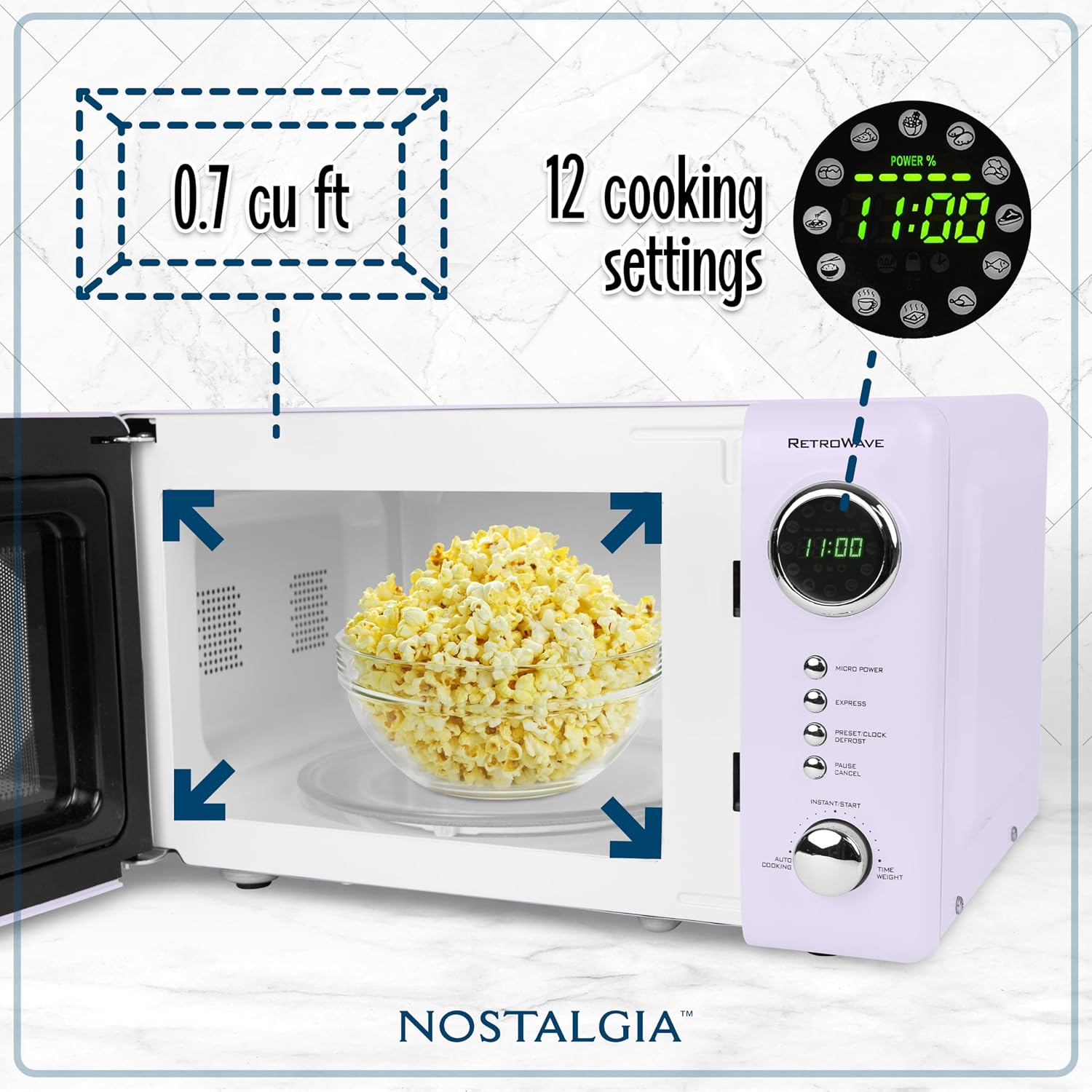 Detalle de Nostalgia Countertop Microwave Oven with Easy Clean Interior (Lavender) — 0.7 cu ft, 700W
